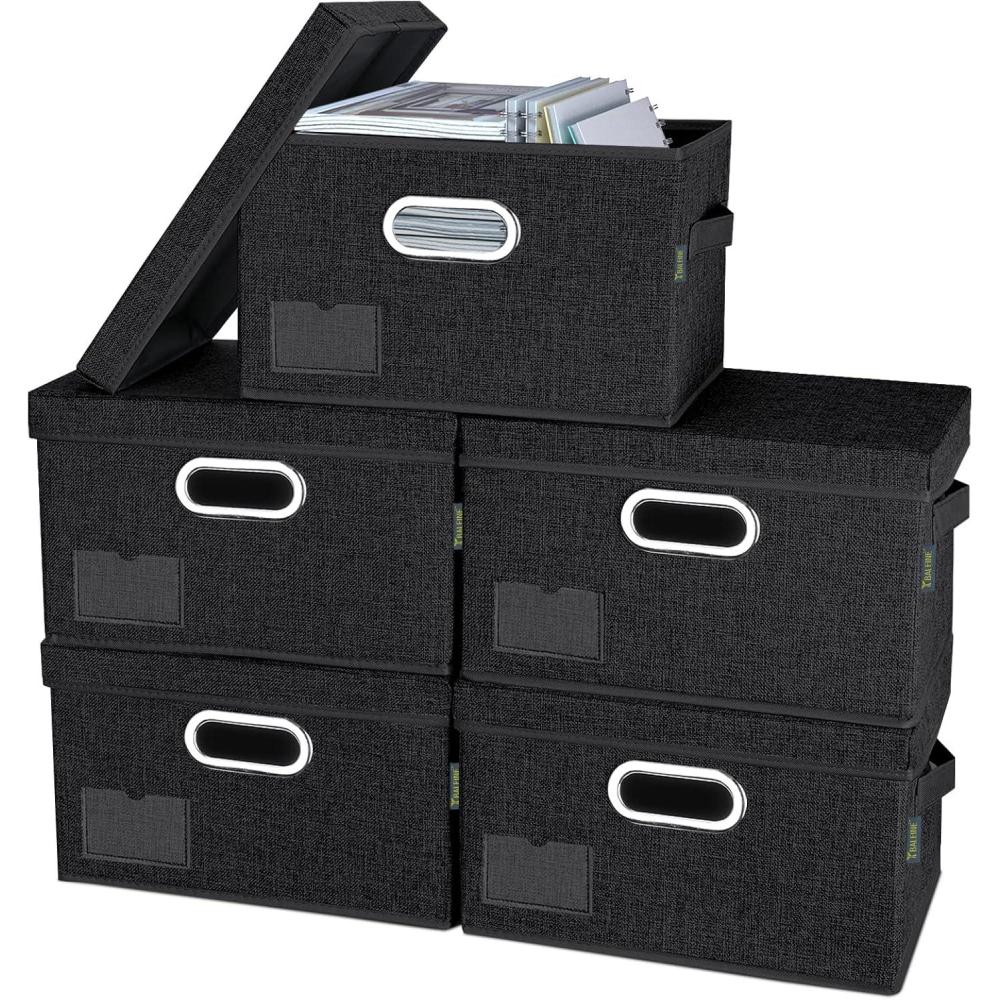 image:imageBALEINE Storage Bins with Lids Foldable Linen Fabric Storage Boxes with Lids Collapsible Closet Organizer Containers with Cover for Home Bedroom Office 5 Pack Black Large