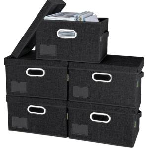 BALEINE Storage Bins with Lids, Foldable Linen Fabric Storage Boxes with Lids, Collapsible Closet Organizer Containers with Cover for Home Bedroom Office (5 Pack Black Large)