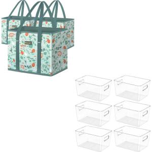 BALEINE 3Pk Reusable Grocery Bags+ 6 PK Refrigerator Organizers and Storage Bins