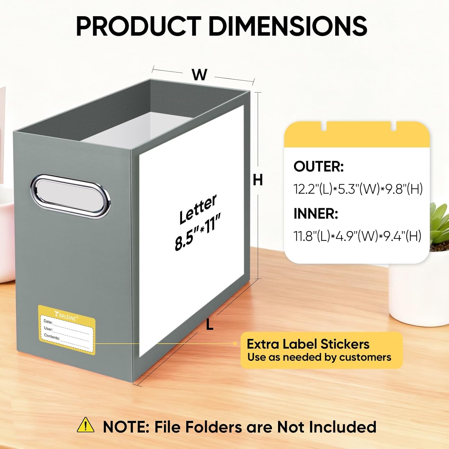 image:imageBALEINE File Organizer Box Cardboard File Folder Organizer with Handle for Letter Size Portable Collapsible Hanging Filing Box for Home Office Document Storage 2 Pack Large BlackGrey