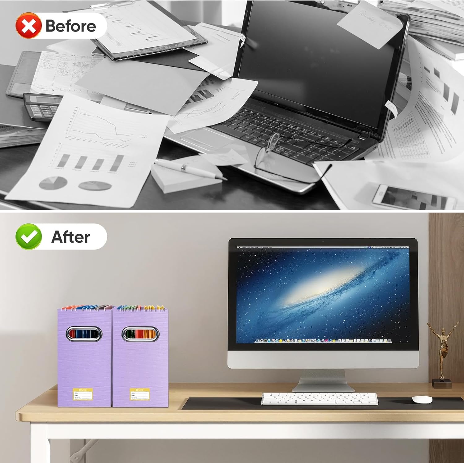 image:imageBALEINE File Organizer Box Cardboard File Folder Organizer with Handle for Letter Size Portable Collapsible Hanging Filing Box for Home Office Document Storage 2 Pack Large BlackLavender