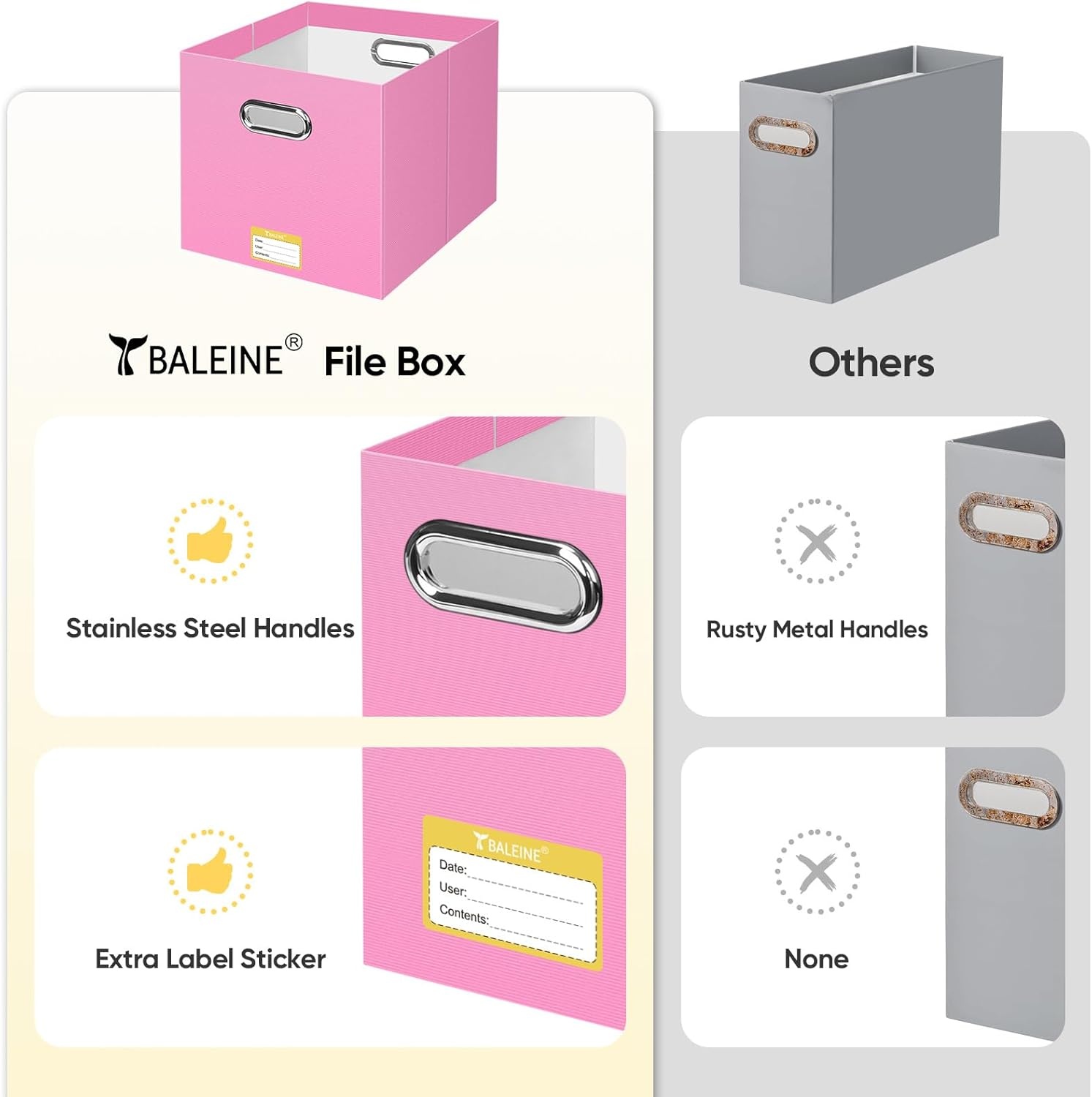 image:imageBALEINE File Organizer Box Cardboard File Folder Organizer with Handle for Letter Size Portable Collapsible Hanging Filing Box for Home Office Document Storage 2 Pack Large BlackPink