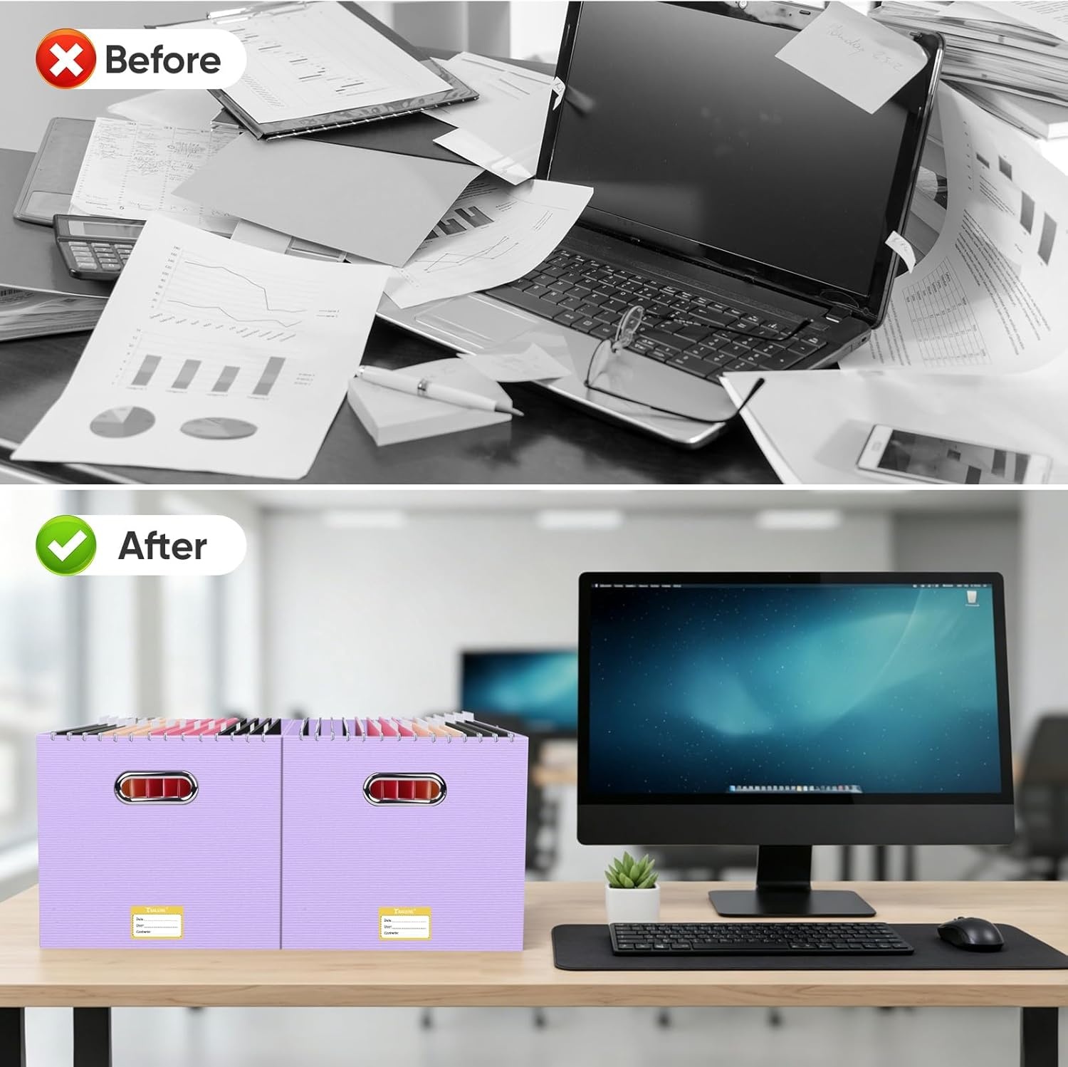 image:imageBALEINE File Organizer Box Cardboard File Folder Organizer with Handle for Letter Size Portable Collapsible Hanging Filing Box for Home Office Document Storage 2 Pack Large BlackLavender