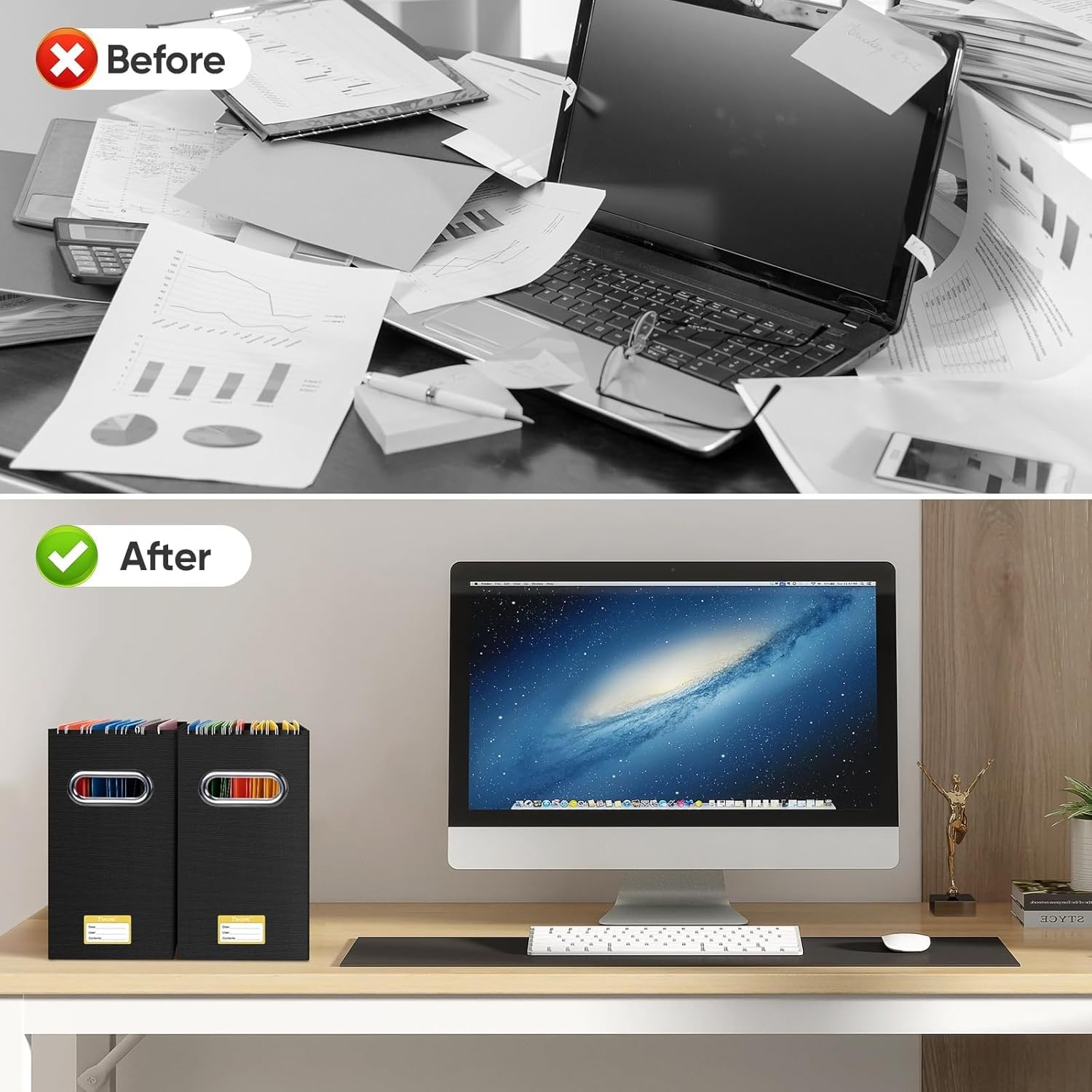 image:imageBALEINE File Organizer Box Cardboard File Folder Organizer with Handle for Letter Size Portable Collapsible Hanging Filing Box for Home Office Document Storage 2 Pack Large BlackBlack