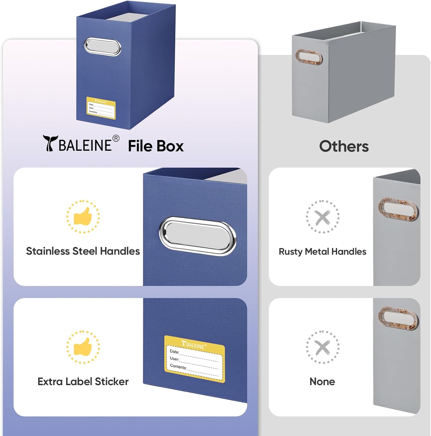 image:imageBALEINE File Organizer Box Cardboard File Folder Organizer with Handle for Letter Size Portable Collapsible Hanging Filing Box for Home Office Document Storage 2 Pack Large BlackNavy
