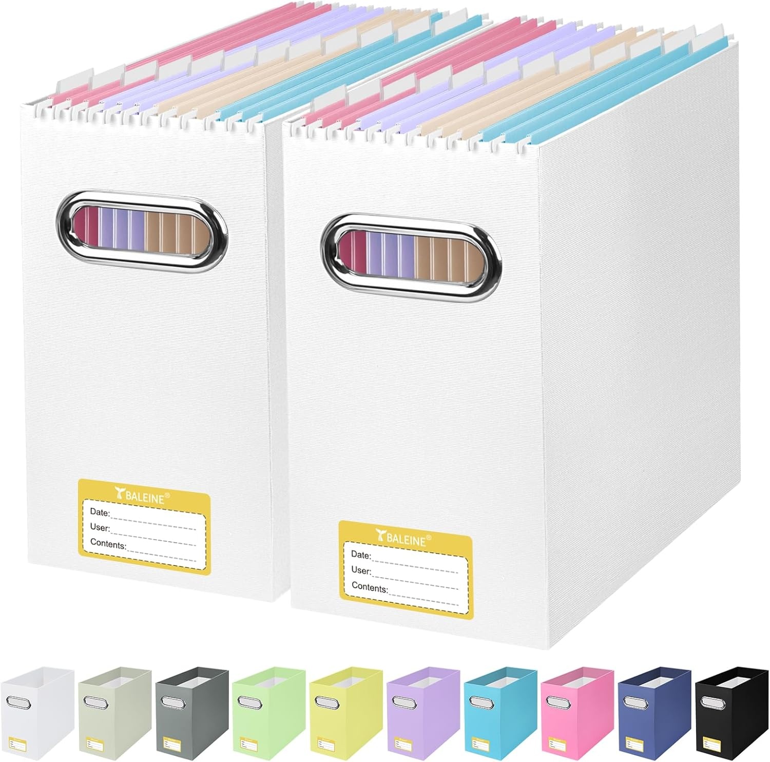 image:imageBALEINE File Organizer Box Cardboard File Folder Organizer with Handle for Letter Size Portable Collapsible Hanging Filing Box for Home Office Document Storage 2 Pack Large BlackWhite