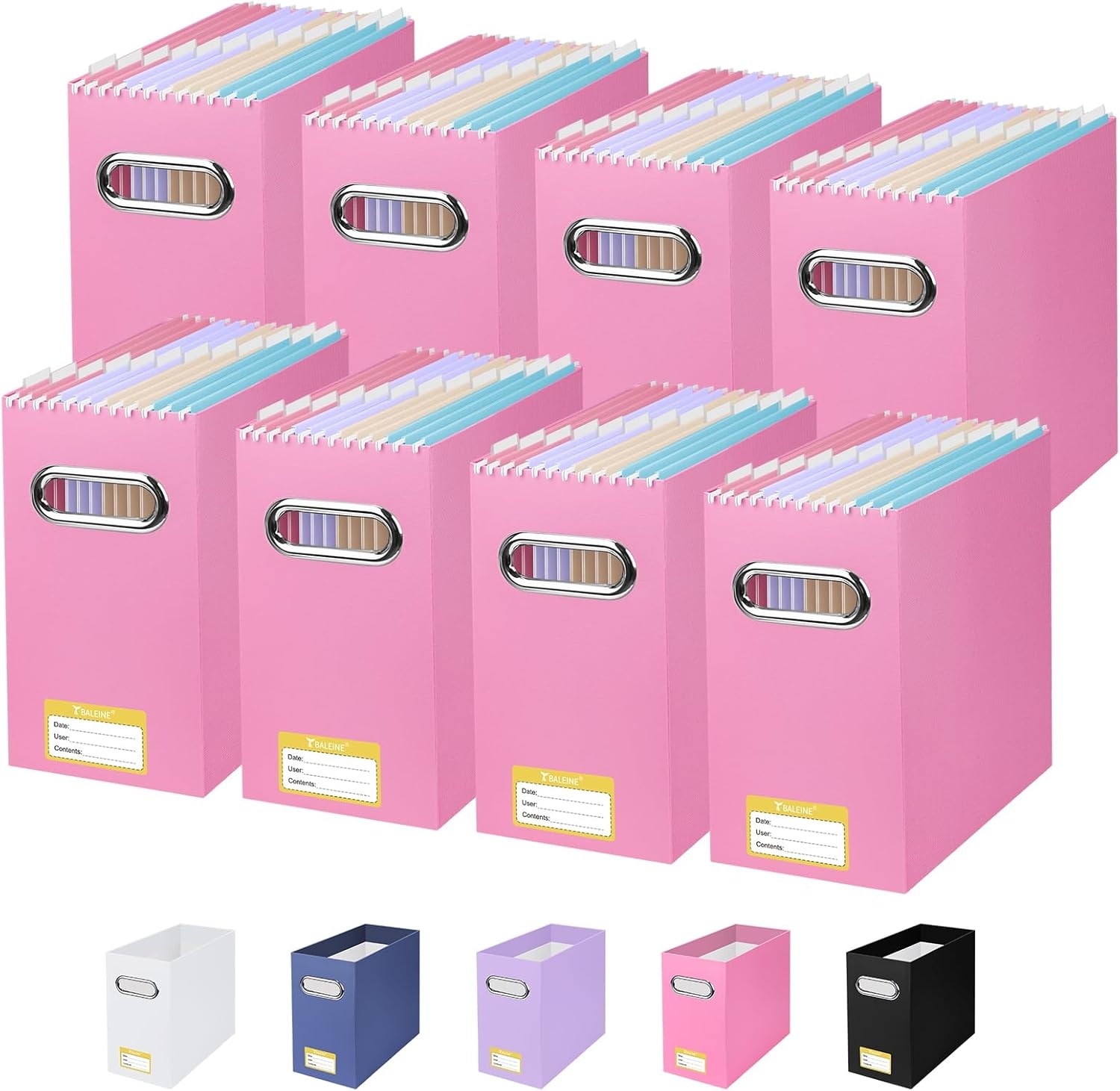 image:imageBALEINE File Organizer Box Cardboard File Folder Organizer with Handle for Letter Size Portable Collapsible Hanging Filing Box for Home Office Document Storage 2 Pack Large BlackPink