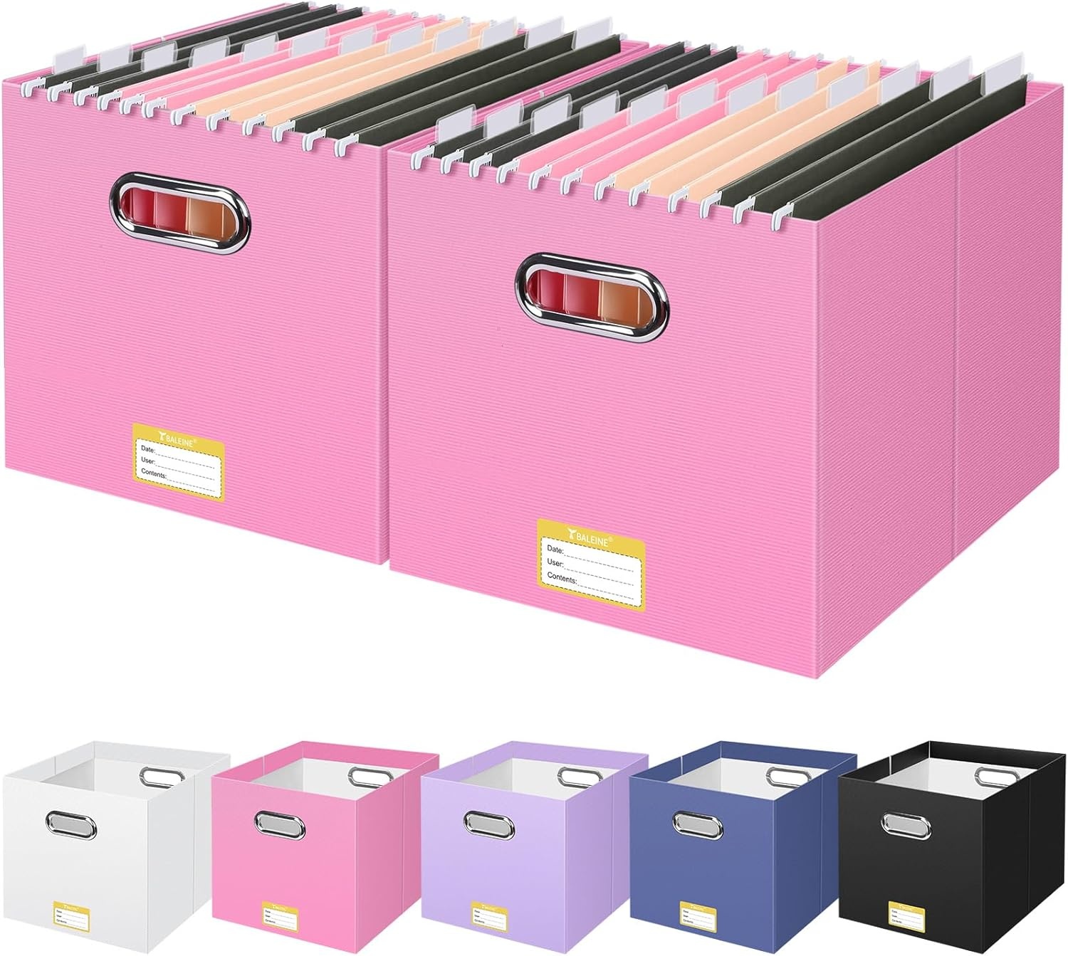 image:imageBALEINE File Organizer Box Cardboard File Folder Organizer with Handle for Letter Size Portable Collapsible Hanging Filing Box for Home Office Document Storage 2 Pack Large BlackPink