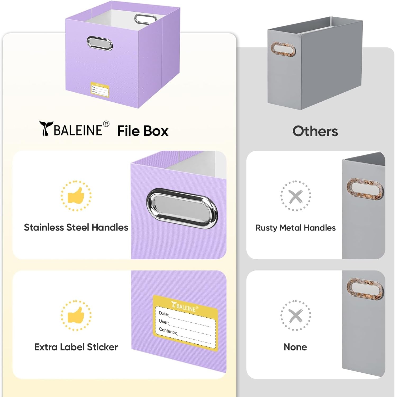 image:imageBALEINE File Organizer Box Cardboard File Folder Organizer with Handle for Letter Size Portable Collapsible Hanging Filing Box for Home Office Document Storage 2 Pack Large BlackLavender