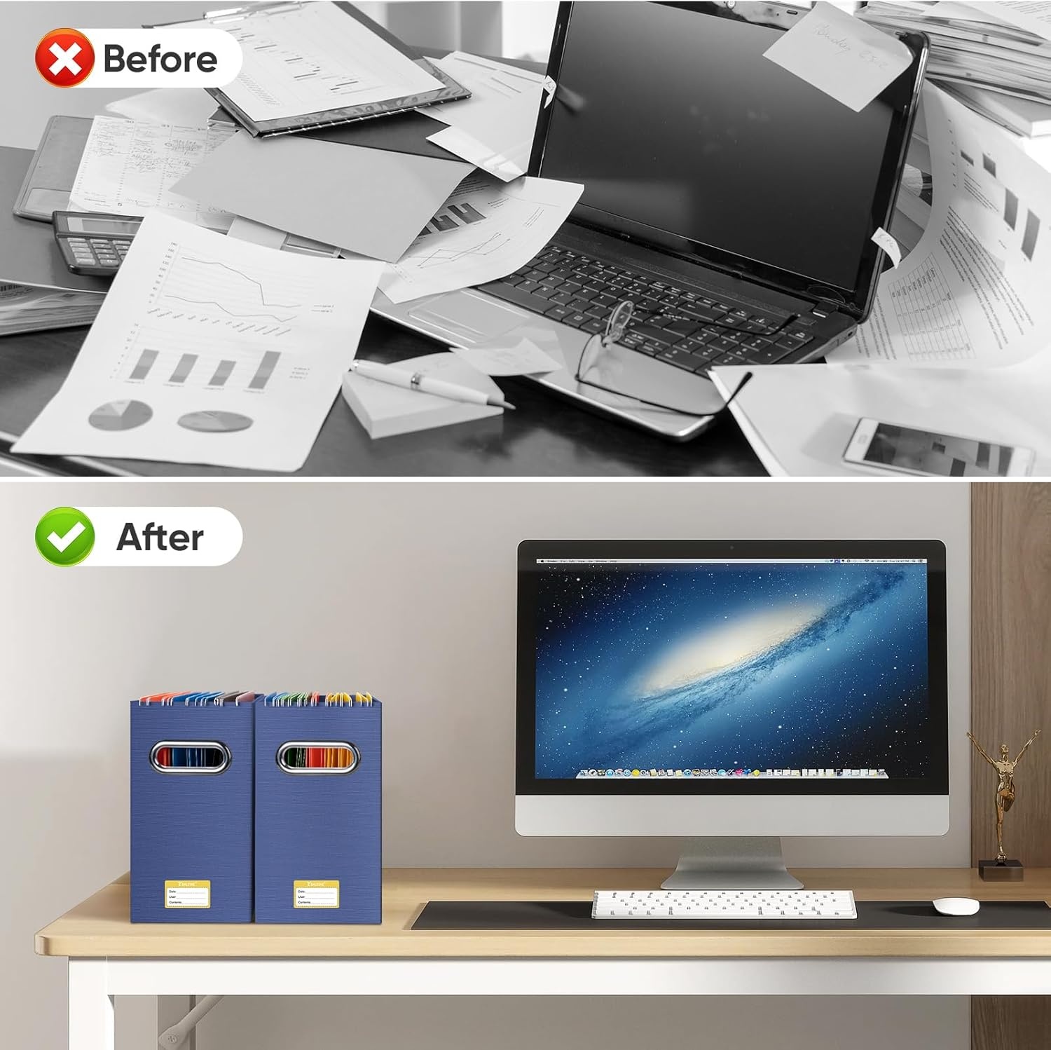 image:imageBALEINE File Organizer Box Cardboard File Folder Organizer with Handle for Letter Size Portable Collapsible Hanging Filing Box for Home Office Document Storage 2 Pack Large BlackNavy