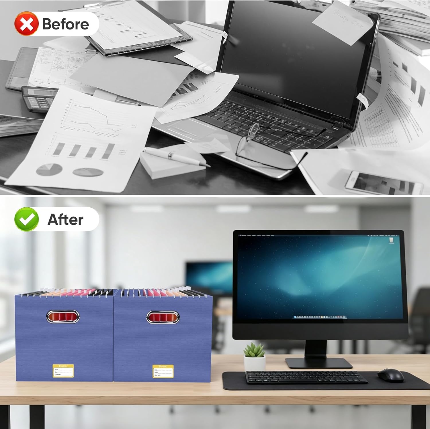 image:imageBALEINE File Organizer Box Cardboard File Folder Organizer with Handle for Letter Size Portable Collapsible Hanging Filing Box for Home Office Document Storage 2 Pack Large BlackNavy