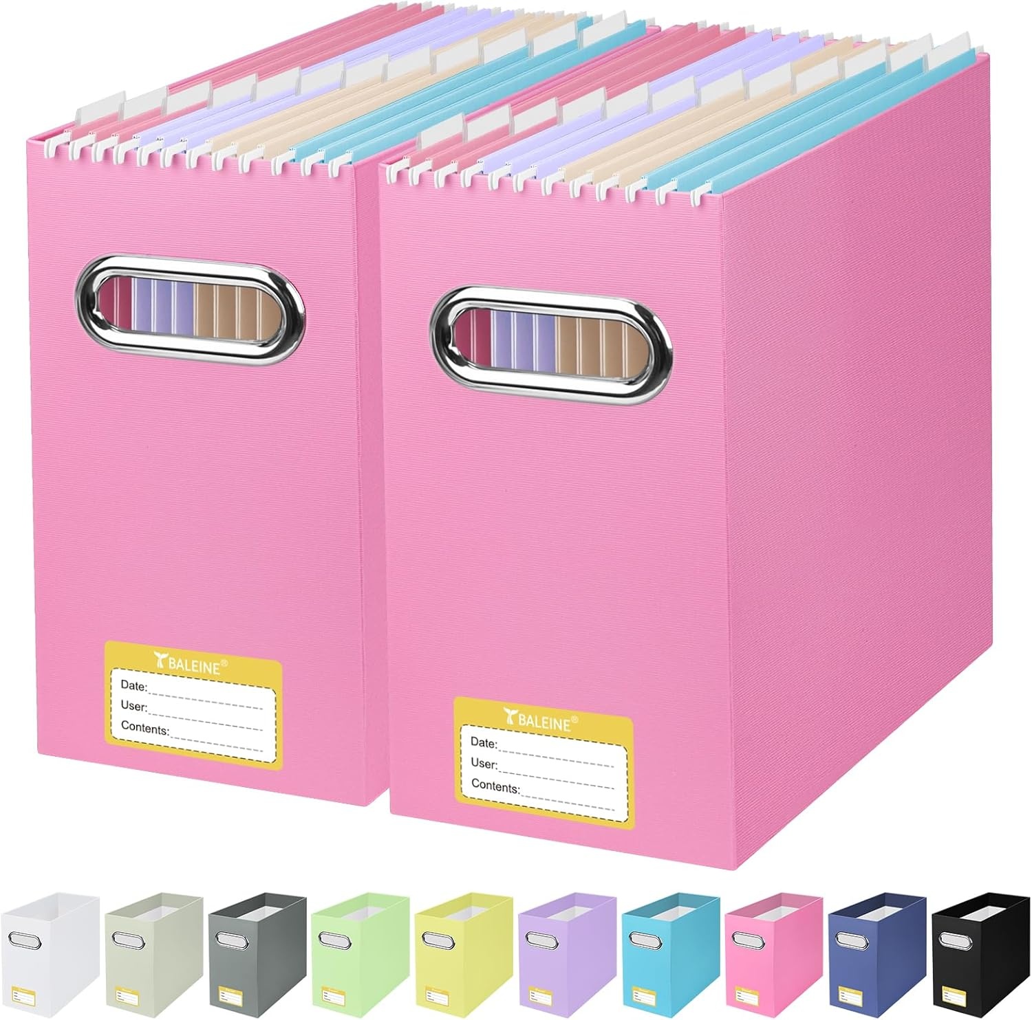 image:imageBALEINE File Organizer Box Cardboard File Folder Organizer with Handle for Letter Size Portable Collapsible Hanging Filing Box for Home Office Document Storage 2 Pack Large BlackPink