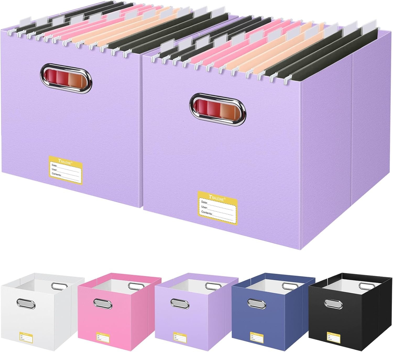 image:imageBALEINE File Organizer Box Cardboard File Folder Organizer with Handle for Letter Size Portable Collapsible Hanging Filing Box for Home Office Document Storage 2 Pack Large BlackLavender