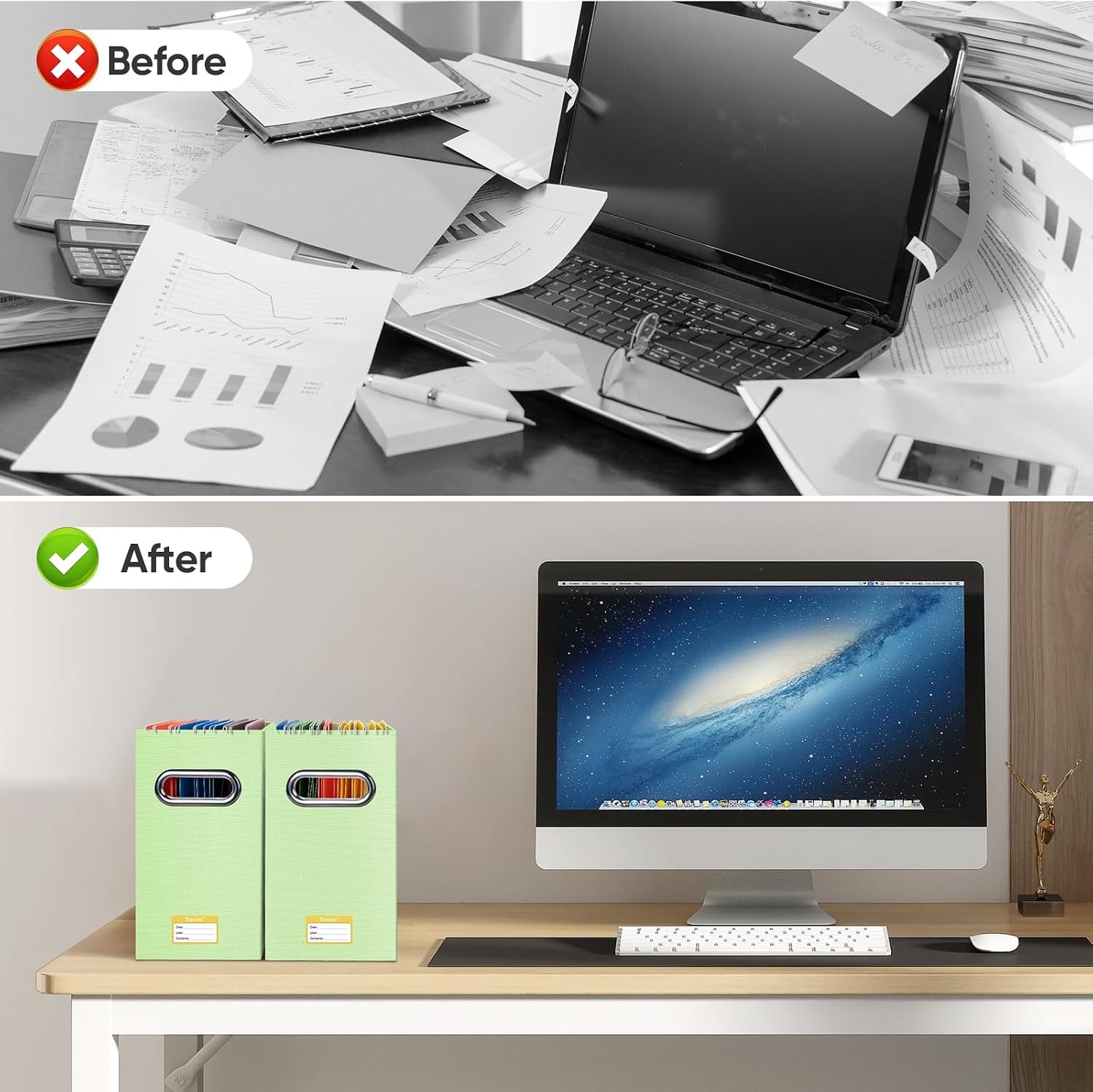 image:imageBALEINE File Organizer Box Cardboard File Folder Organizer with Handle for Letter Size Portable Collapsible Hanging Filing Box for Home Office Document Storage 2 Pack Large BlackGreen