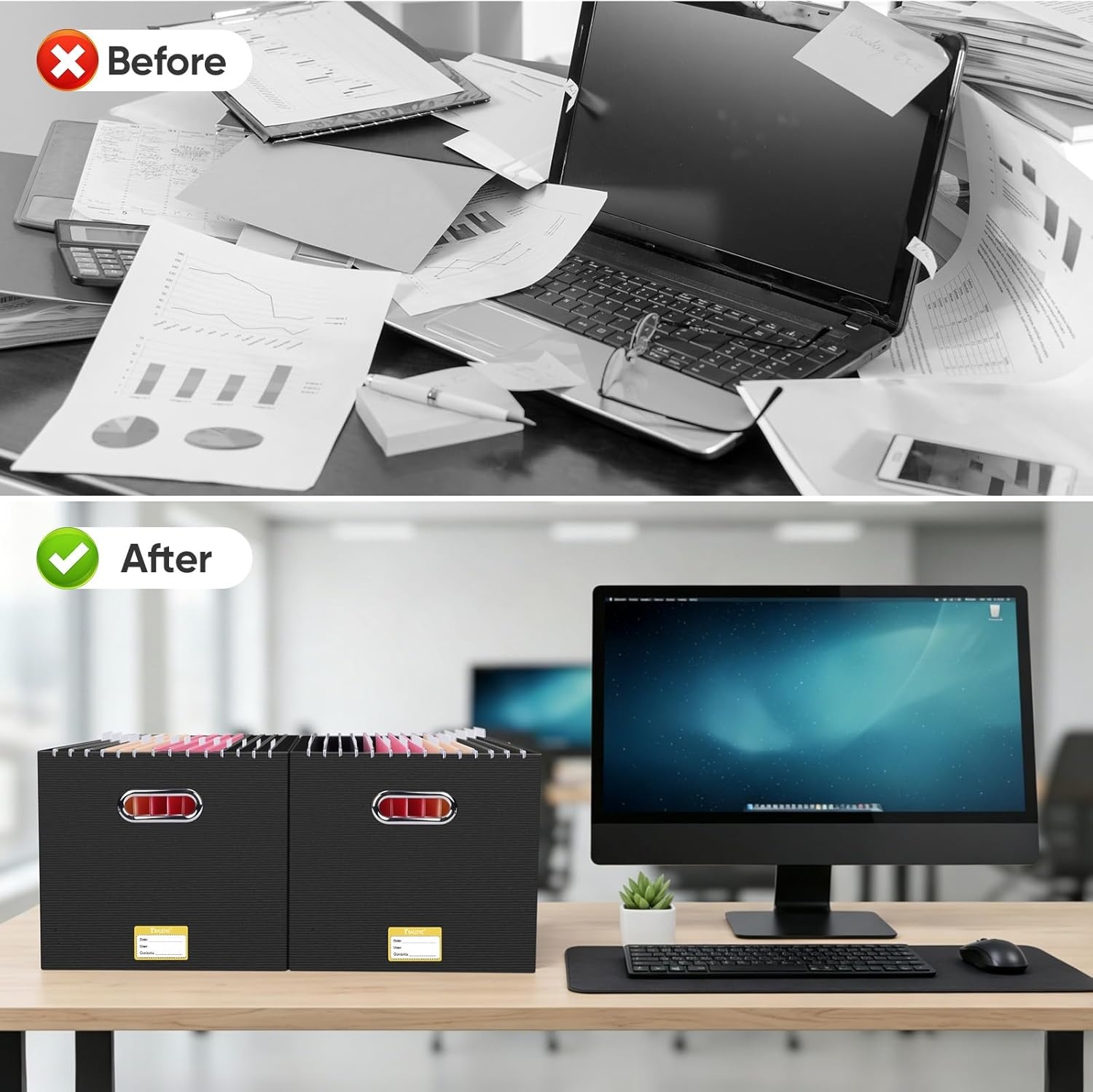 image:imageBALEINE File Organizer Box Cardboard File Folder Organizer with Handle for Letter Size Portable Collapsible Hanging Filing Box for Home Office Document Storage 2 Pack Large BlackBlack