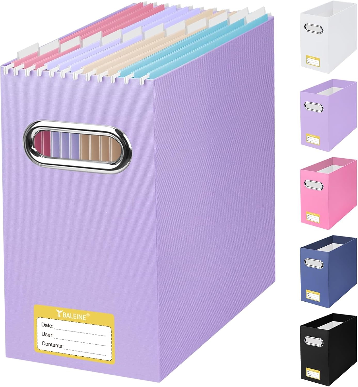 image:imageBALEINE File Organizer Box Cardboard File Folder Organizer with Handle for Letter Size Portable Collapsible Hanging Filing Box for Home Office Document Storage 2 Pack Large BlackLavender