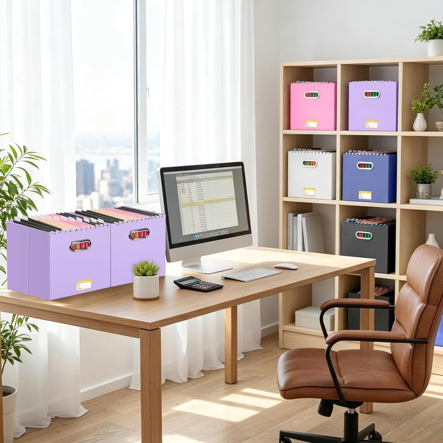 image:imageBALEINE File Organizer Box Cardboard File Folder Organizer with Handle for Letter Size Portable Collapsible Hanging Filing Box for Home Office Document Storage 2 Pack Large BlackLavender