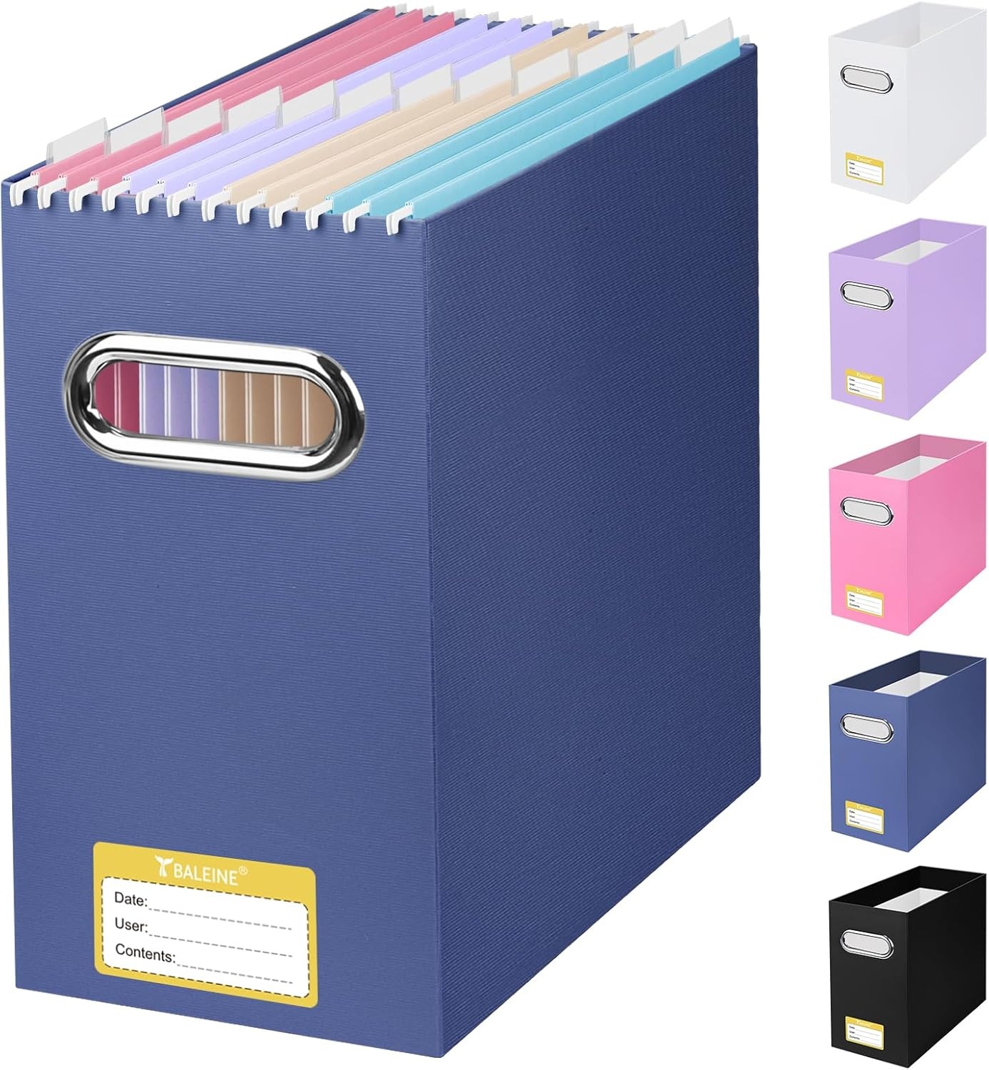 image:imageBALEINE File Organizer Box Cardboard File Folder Organizer with Handle for Letter Size Portable Collapsible Hanging Filing Box for Home Office Document Storage 2 Pack Large BlackNavy