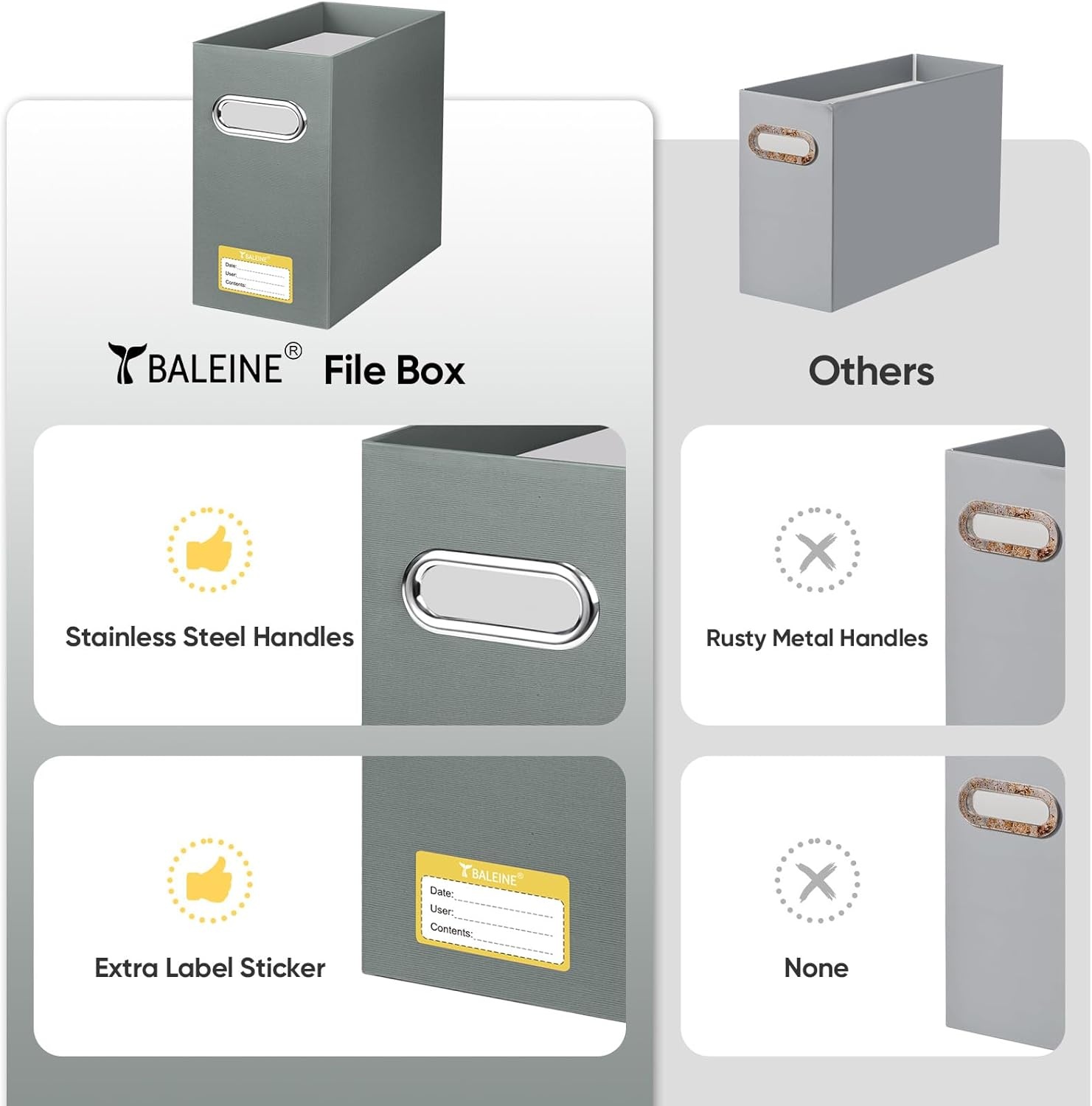 image:imageBALEINE File Organizer Box Cardboard File Folder Organizer with Handle for Letter Size Portable Collapsible Hanging Filing Box for Home Office Document Storage 2 Pack Large BlackGrey