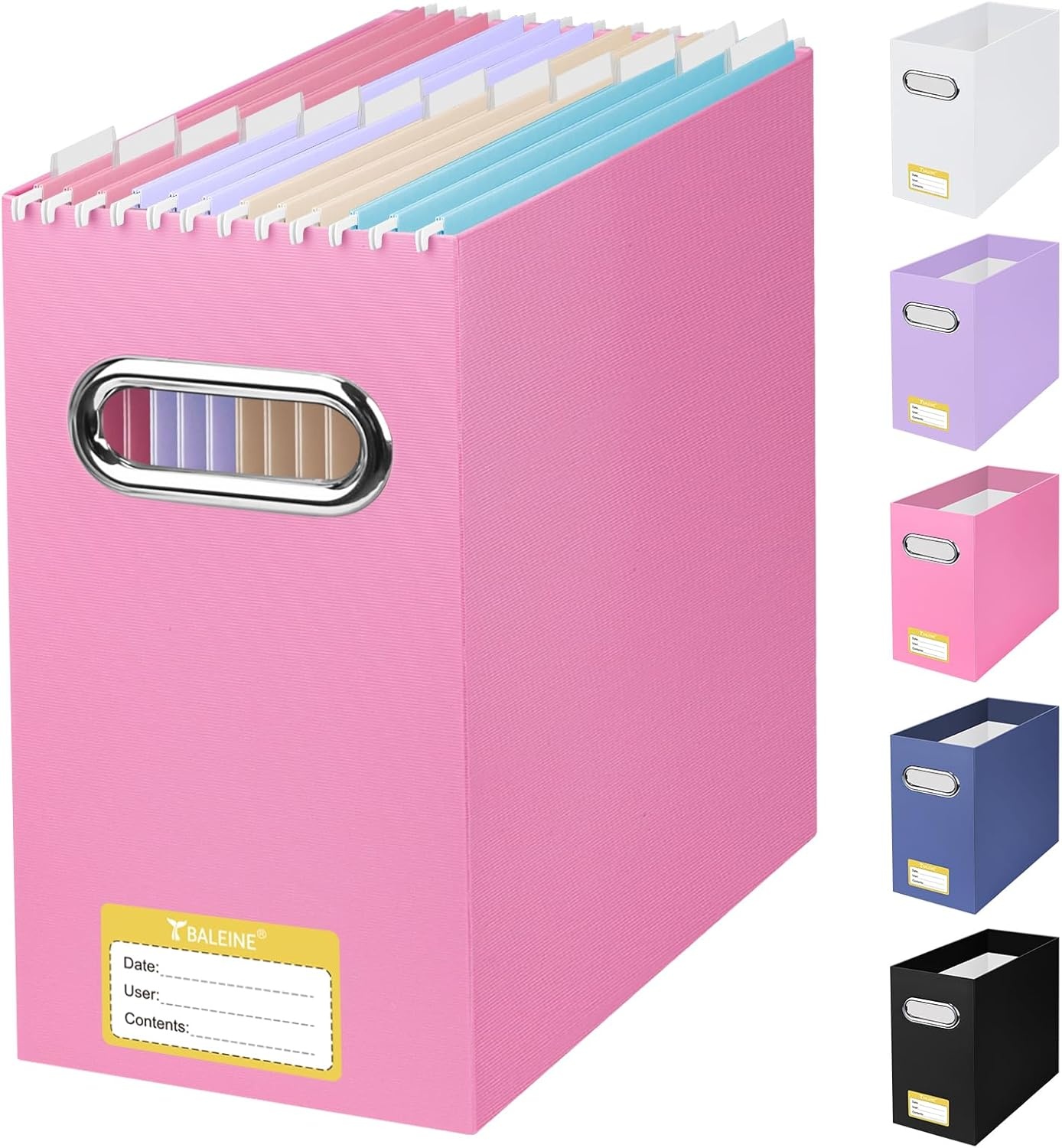 image:imageBALEINE File Organizer Box Cardboard File Folder Organizer with Handle for Letter Size Portable Collapsible Hanging Filing Box for Home Office Document Storage 2 Pack Large BlackPink