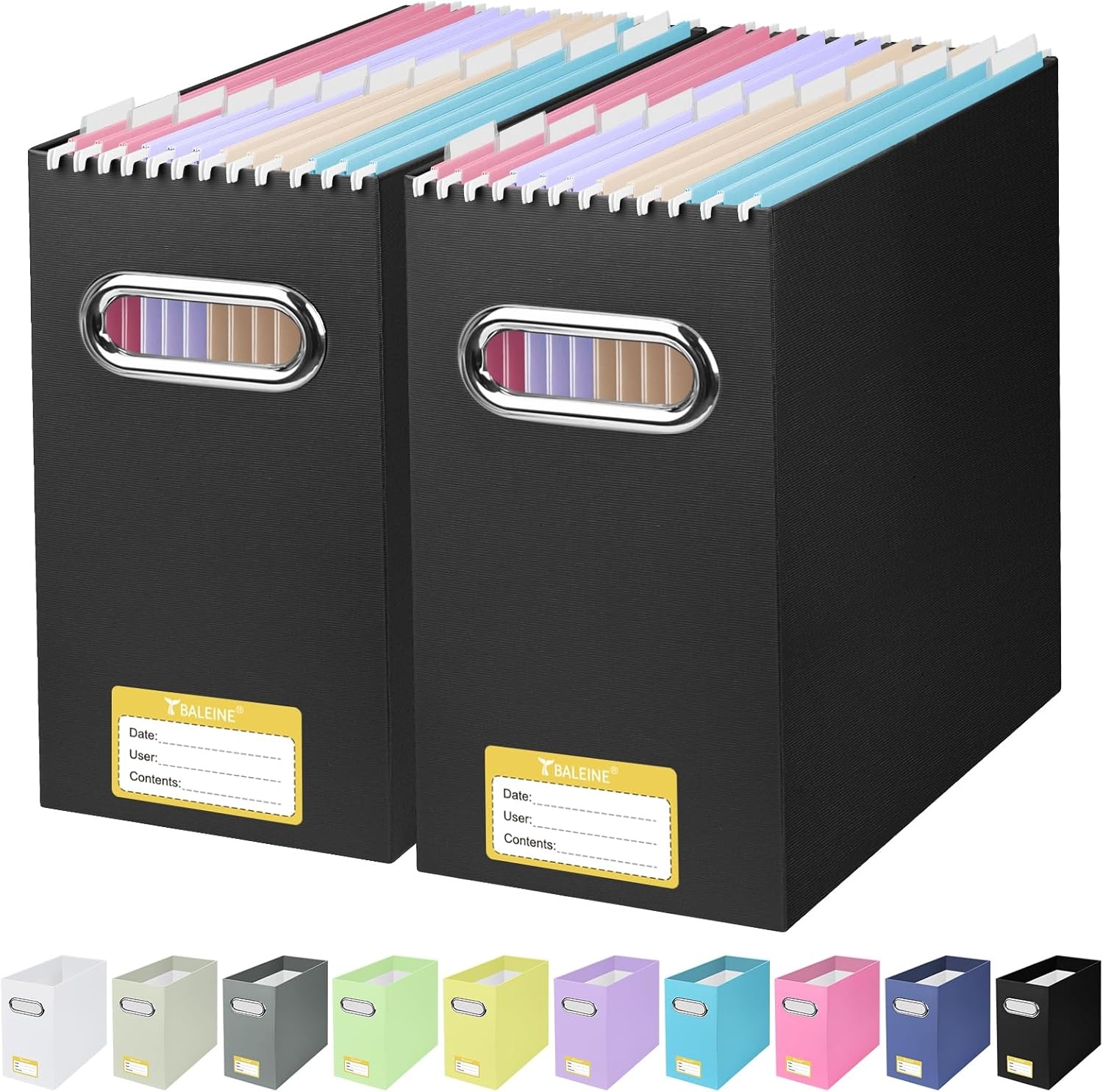 image:imageBALEINE File Organizer Box Cardboard File Folder Organizer with Handle for Letter Size Portable Collapsible Hanging Filing Box for Home Office Document Storage 2 Pack Large BlackBlack