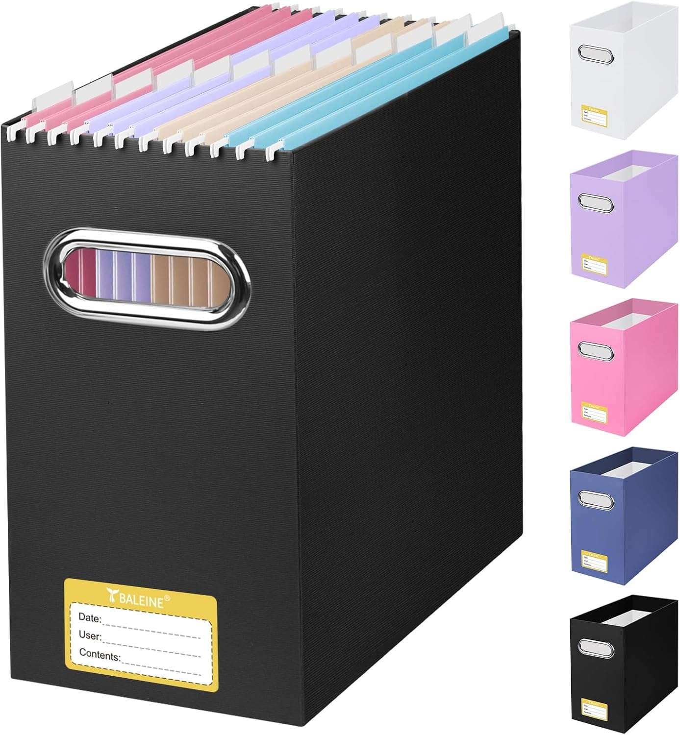 image:imageBALEINE File Organizer Box Cardboard File Folder Organizer with Handle for Letter Size Portable Collapsible Hanging Filing Box for Home Office Document Storage 2 Pack Large BlackBlack