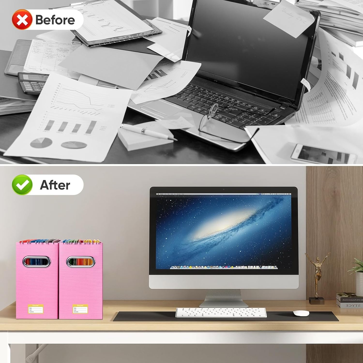 image:imageBALEINE File Organizer Box Cardboard File Folder Organizer with Handle for Letter Size Portable Collapsible Hanging Filing Box for Home Office Document Storage 2 Pack Large BlackPink