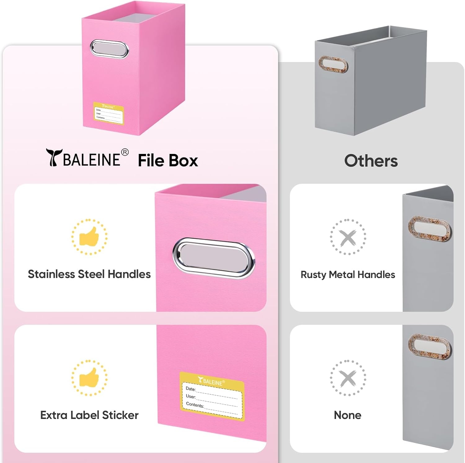 image:imageBALEINE File Organizer Box Cardboard File Folder Organizer with Handle for Letter Size Portable Collapsible Hanging Filing Box for Home Office Document Storage 2 Pack Large BlackPink
