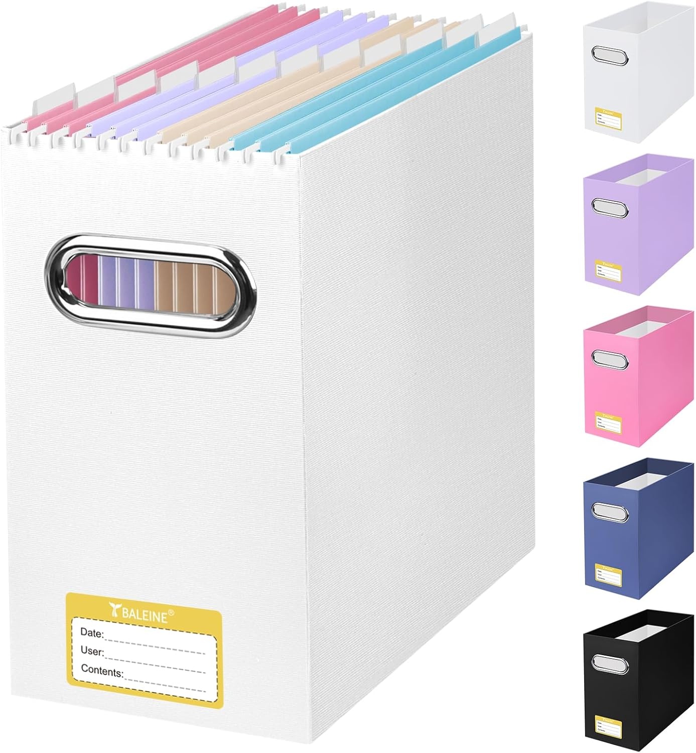 image:imageBALEINE File Organizer Box Cardboard File Folder Organizer with Handle for Letter Size Portable Collapsible Hanging Filing Box for Home Office Document Storage 2 Pack Large BlackWhite