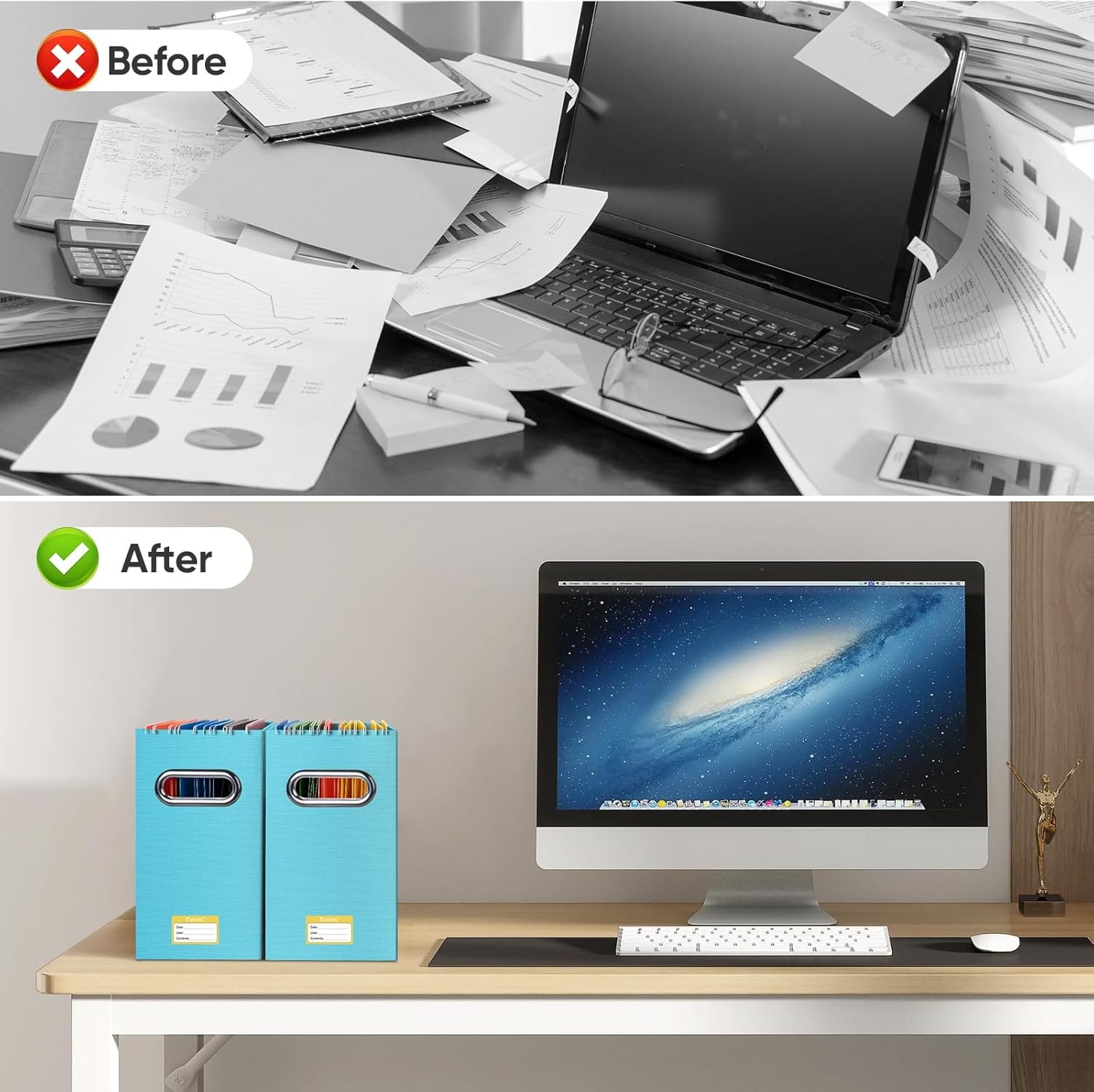 image:imageBALEINE File Organizer Box Cardboard File Folder Organizer with Handle for Letter Size Portable Collapsible Hanging Filing Box for Home Office Document Storage 2 Pack Large BlackBlue