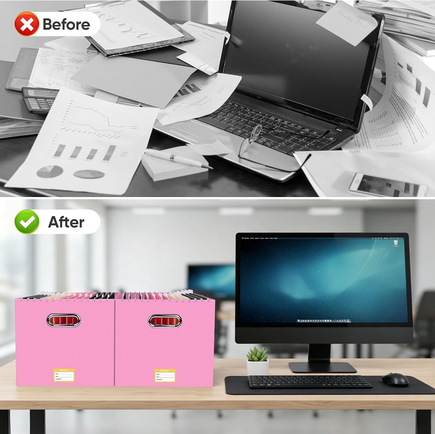 image:imageBALEINE File Organizer Box Cardboard File Folder Organizer with Handle for Letter Size Portable Collapsible Hanging Filing Box for Home Office Document Storage 2 Pack Large BlackPink