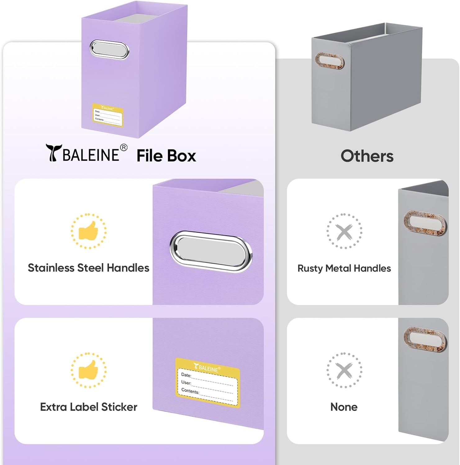 image:imageBALEINE File Organizer Box Cardboard File Folder Organizer with Handle for Letter Size Portable Collapsible Hanging Filing Box for Home Office Document Storage 2 Pack Large BlackLavender