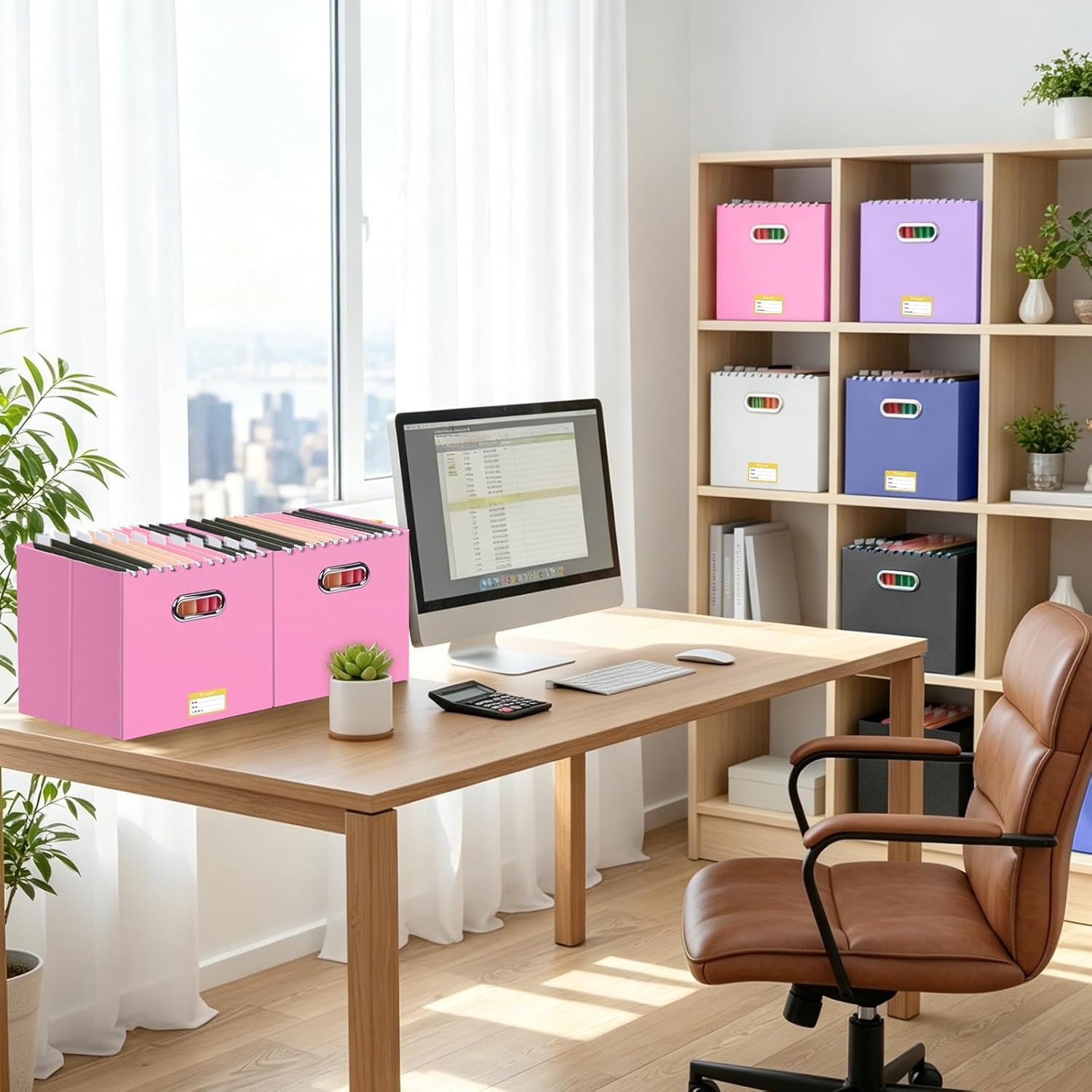 image:imageBALEINE File Organizer Box Cardboard File Folder Organizer with Handle for Letter Size Portable Collapsible Hanging Filing Box for Home Office Document Storage 2 Pack Large BlackPink