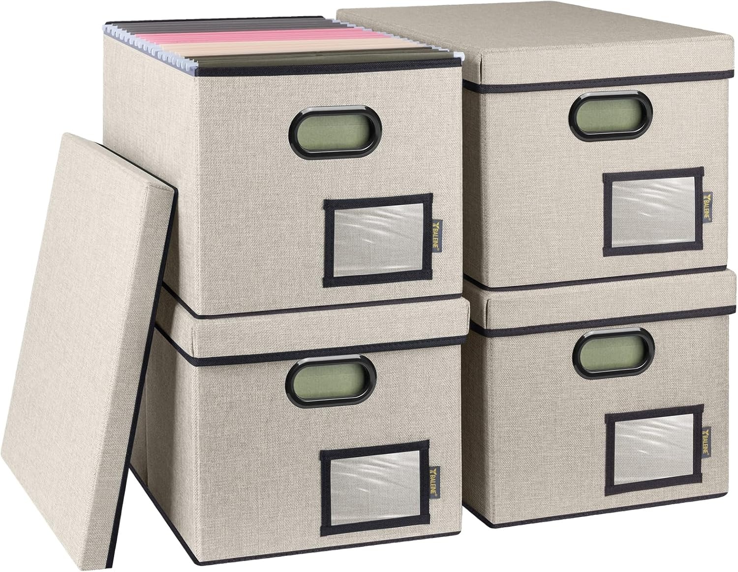 image:imageBALEINE File Organizer Box with Lid Collapsible File Folder Organizer with Plastic Slide Filing Box for Office Home Document Organizer Storage Black 2PKBeige