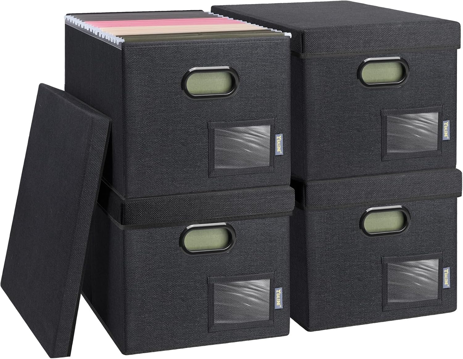 image:imageBALEINE File Organizer Box with Lid Collapsible File Folder Organizer with Plastic Slide Filing Box for Office Home Document Organizer Storage Black 2PKBlack