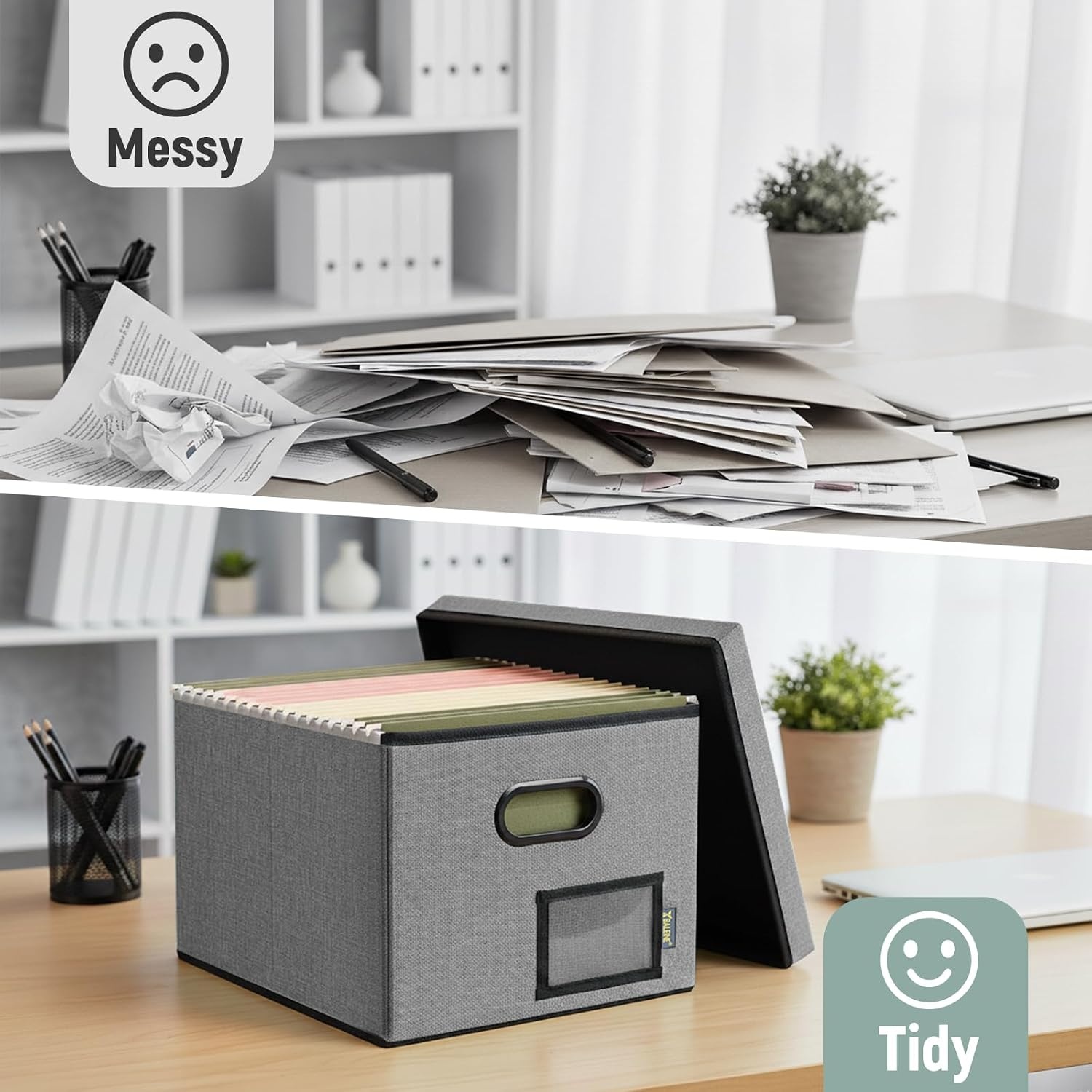 image:imageBALEINE File Organizer Box with Lid Collapsible File Folder Organizer with Plastic Slide Filing Box for Office Home Document Organizer Storage Black 2PKGray