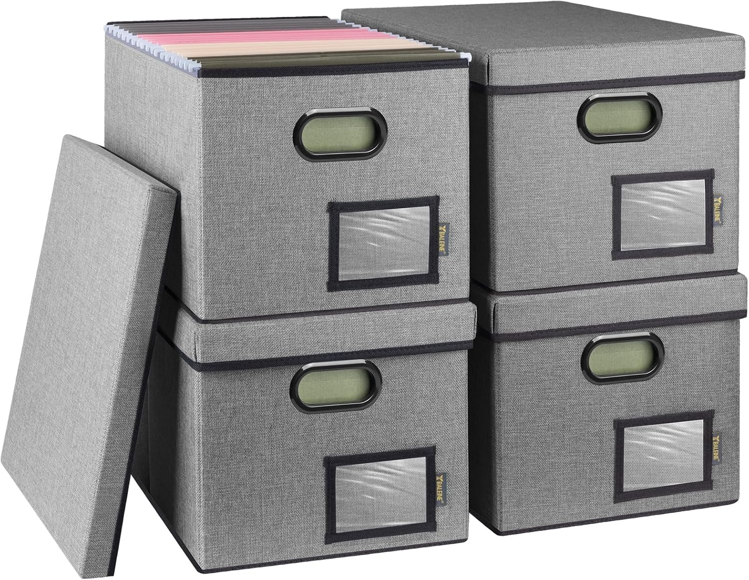 image:imageBALEINE File Organizer Box with Lid Collapsible File Folder Organizer with Plastic Slide Filing Box for Office Home Document Organizer Storage Black 2PKGray