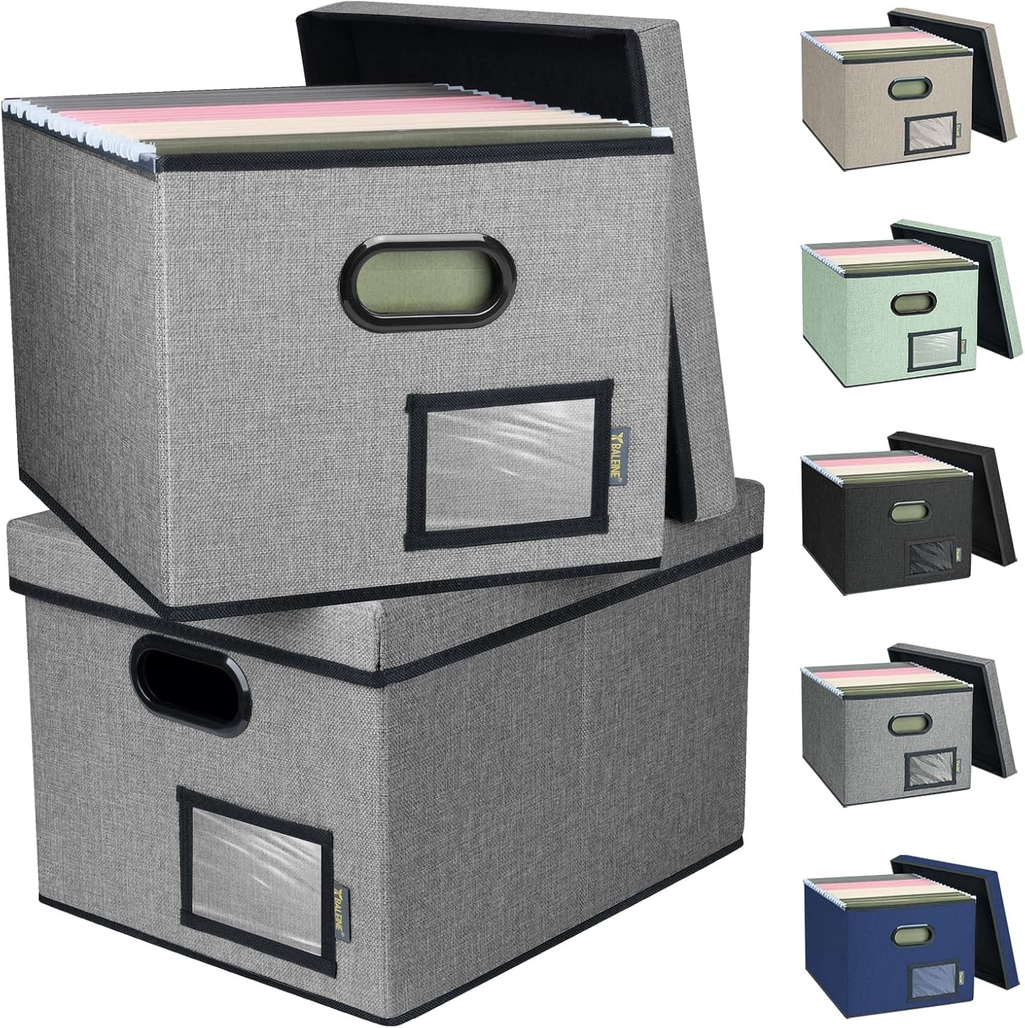 image:imageBALEINE File Organizer Box with Lid Collapsible File Folder Organizer with Plastic Slide Filing Box for Office Home Document Organizer Storage Black 2PKGray
