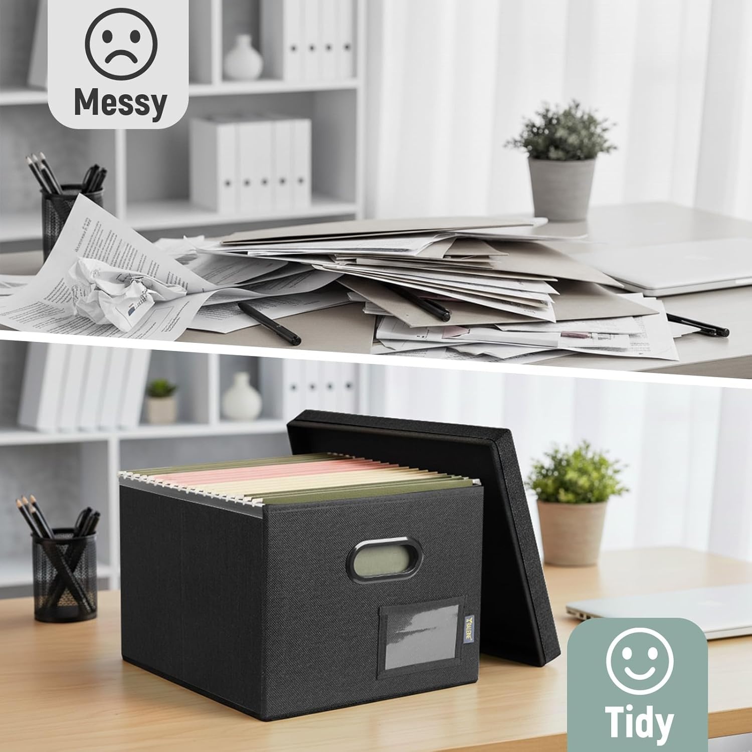 image:imageBALEINE File Organizer Box with Lid Collapsible File Folder Organizer with Plastic Slide Filing Box for Office Home Document Organizer Storage Black 2PKBlack