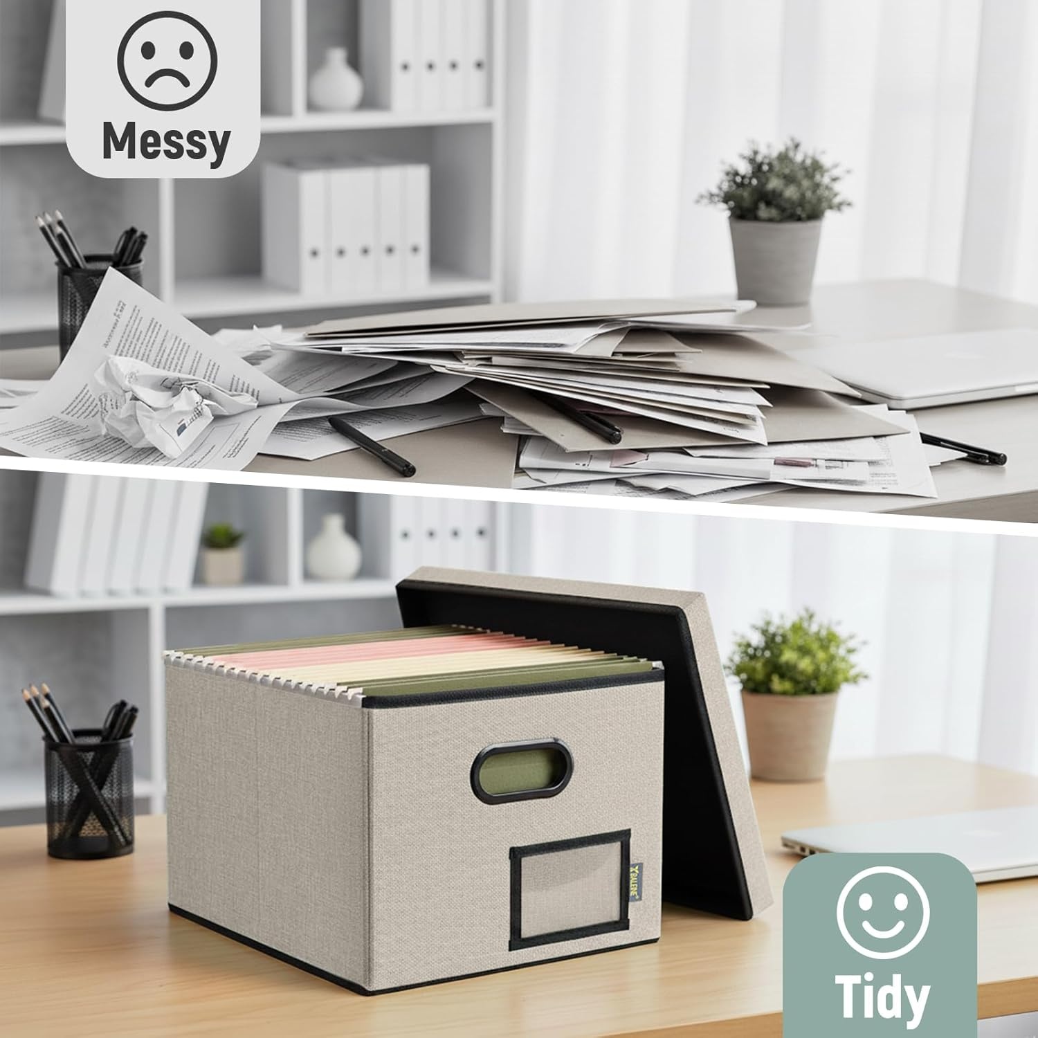 image:imageBALEINE File Organizer Box with Lid Collapsible File Folder Organizer with Plastic Slide Filing Box for Office Home Document Organizer Storage Black 2PKBeige