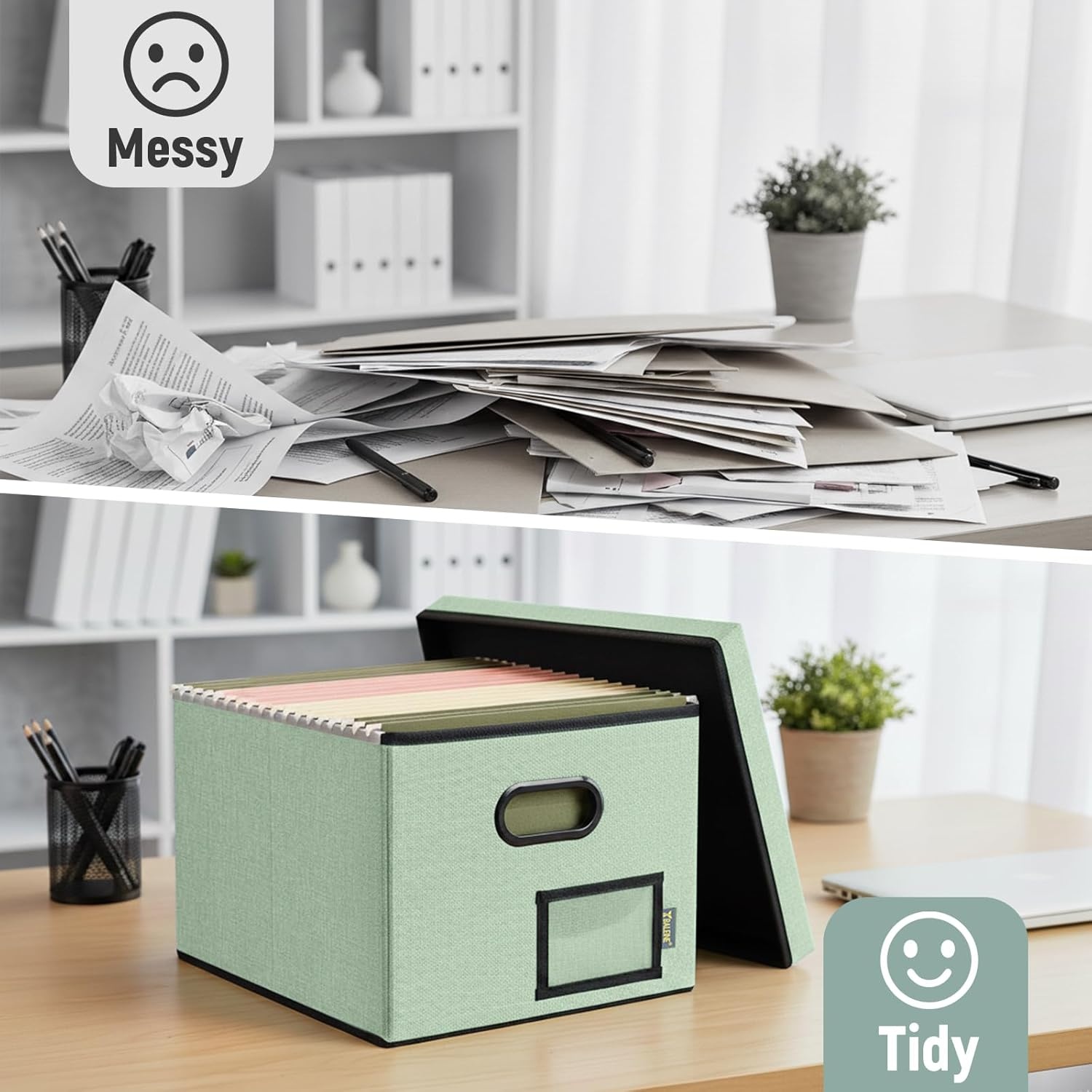 image:imageBALEINE File Organizer Box with Lid Collapsible File Folder Organizer with Plastic Slide Filing Box for Office Home Document Organizer Storage Black 2PKGreen