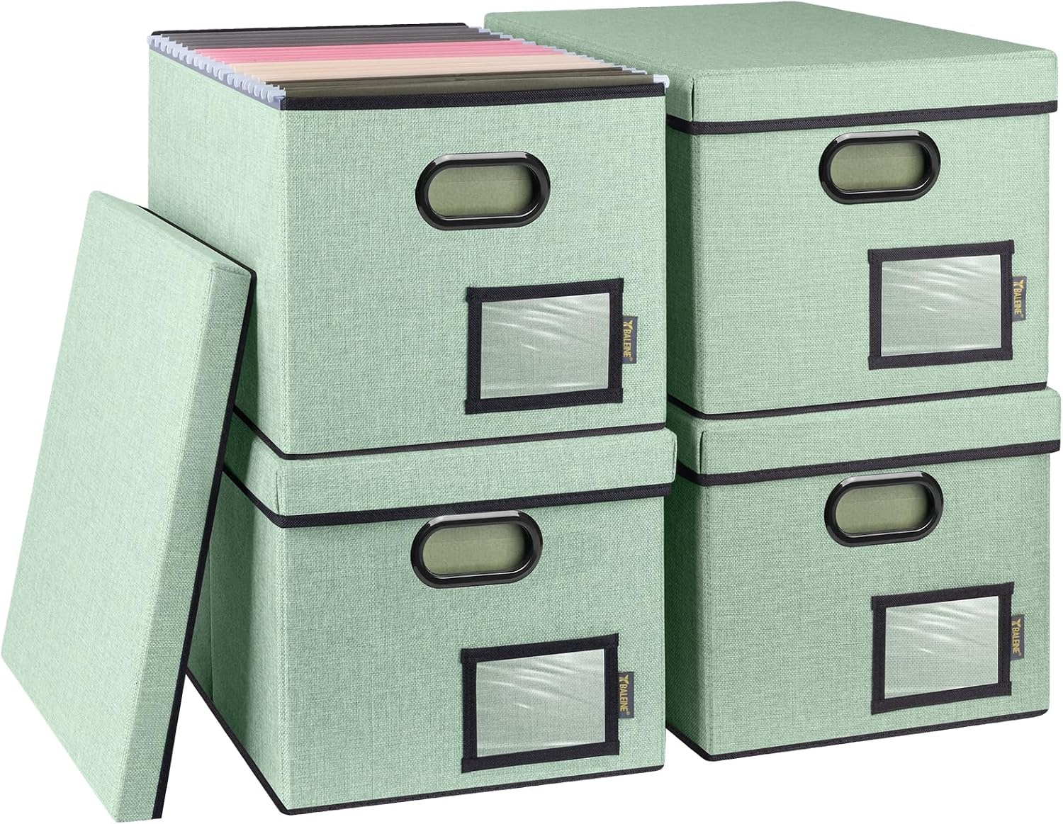 image:imageBALEINE File Organizer Box with Lid Collapsible File Folder Organizer with Plastic Slide Filing Box for Office Home Document Organizer Storage Black 2PKGreen