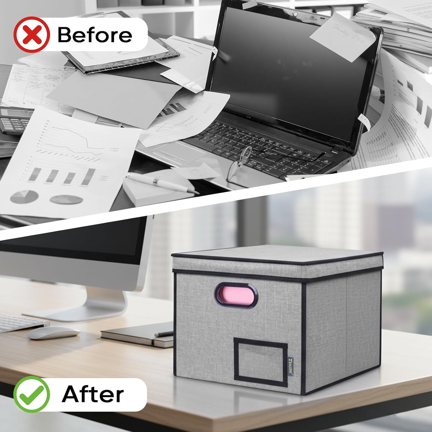 image:imageBALEINE File Organizer Box with Lid Collapsible File Folder Organizer with Plastic Slide Hanging File Folder Box for Office Document Storage Tab Friendly 2 Pack BlackGrey