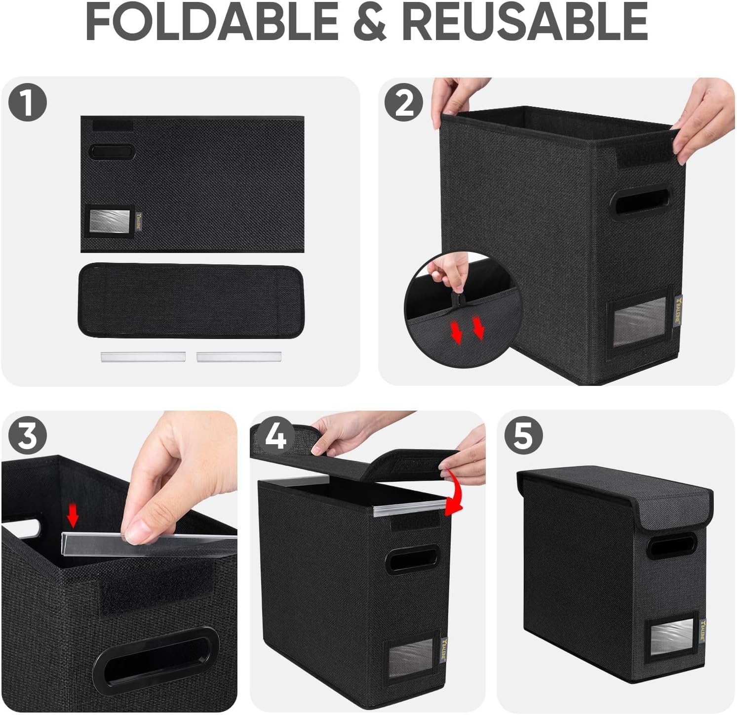 image:imageBALEINE File Organizer Box with Lid Collapsible File Folder Organizer with Plastic Slide Hanging File Folder Box for Office Document Storage Tab Friendly 2 Pack BlackBlack