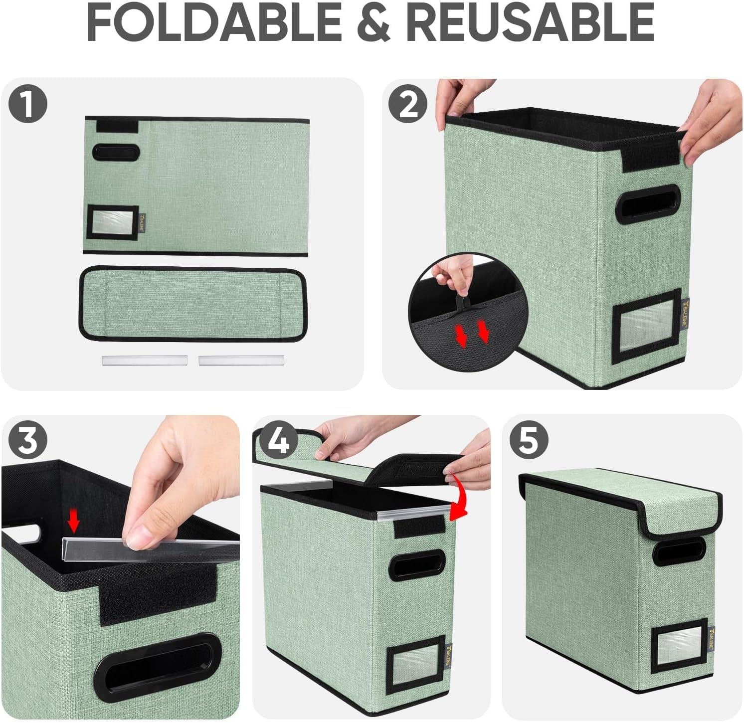 image:imageBALEINE File Organizer Box with Lid Collapsible File Folder Organizer with Plastic Slide Hanging File Folder Box for Office Document Storage Tab Friendly 2 Pack BlackGreen