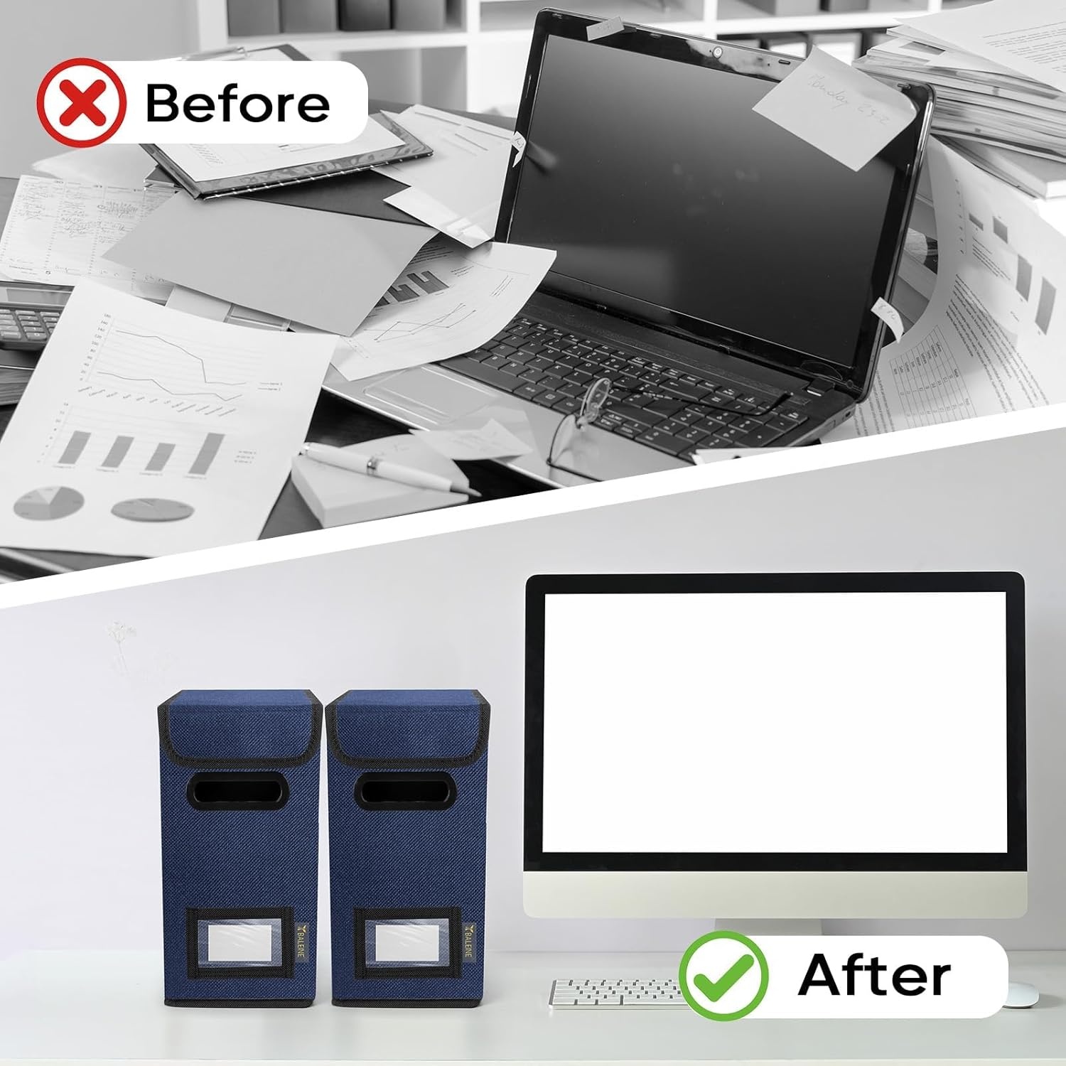 image:imageBALEINE File Organizer Box with Lid Collapsible File Folder Organizer with Plastic Slide Hanging File Folder Box for Office Document Storage Tab Friendly 2 Pack BlackBlue