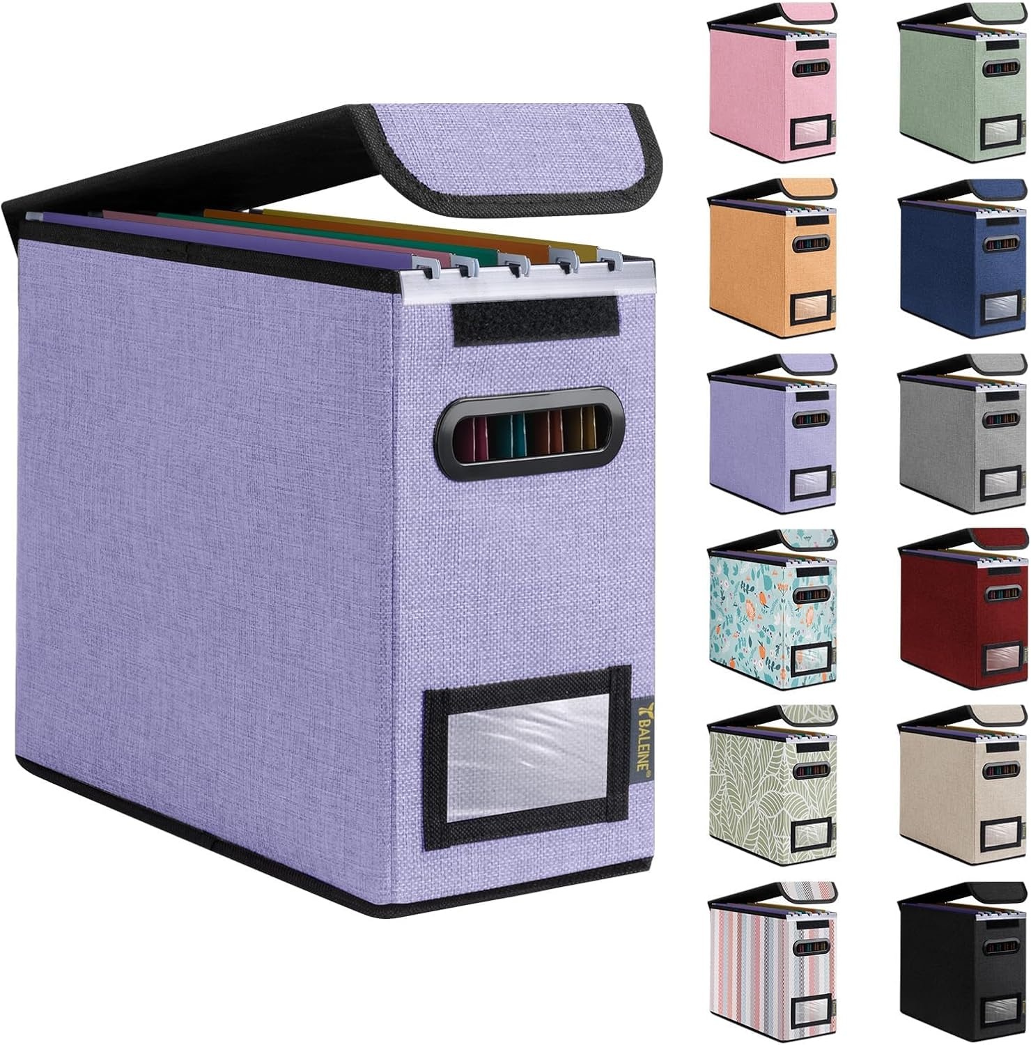 image:imageBALEINE File Organizer Box with Lid Collapsible File Folder Organizer with Plastic Slide Hanging File Folder Box for Office Document Storage Tab Friendly 2 Pack BlackPurple