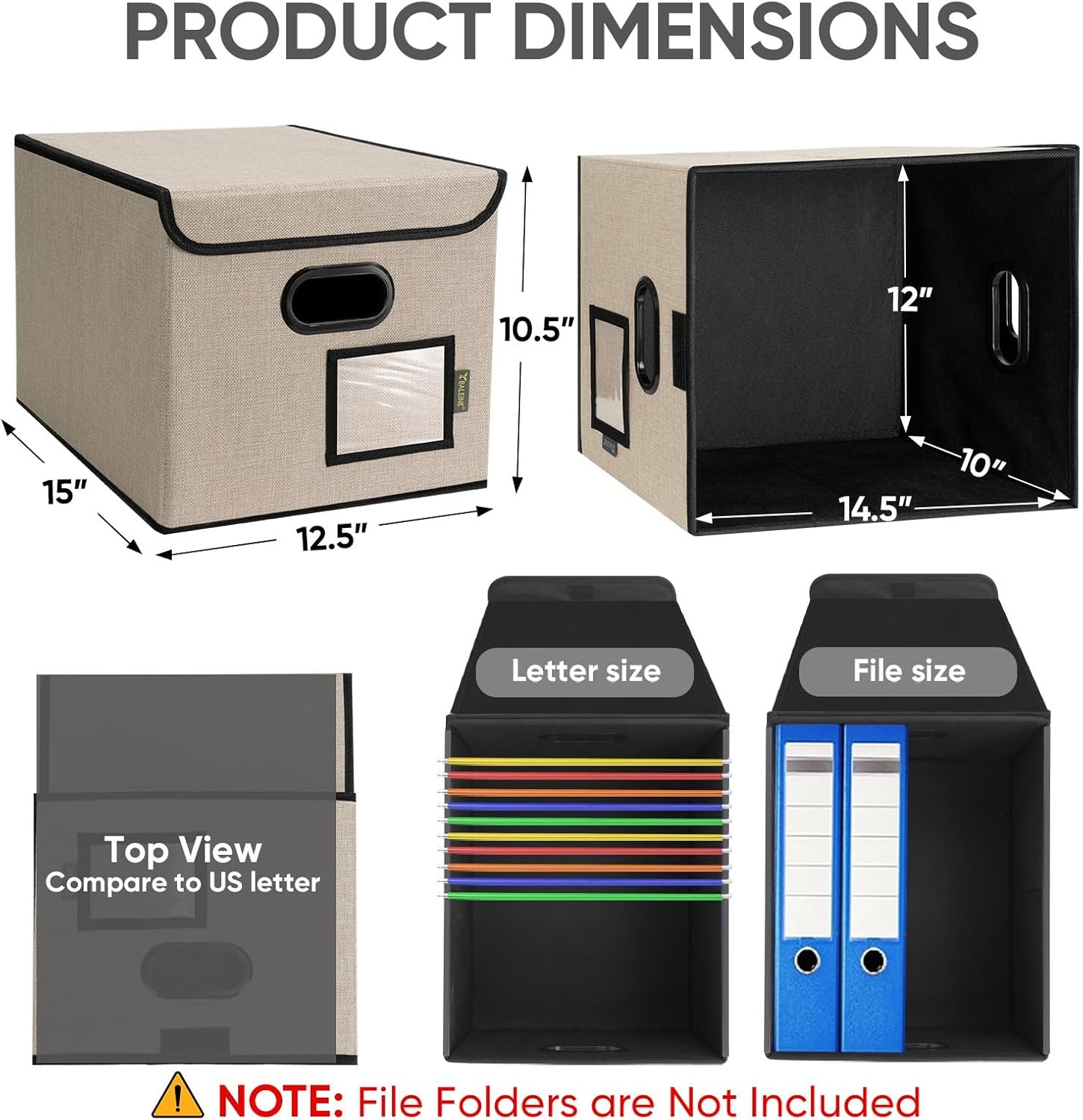 image:imageBALEINE File Organizer Box with Lid Collapsible File Folder Organizer with Plastic Slide Hanging File Folder Box for Office Document Storage Tab Friendly 2 Pack BlackBeige