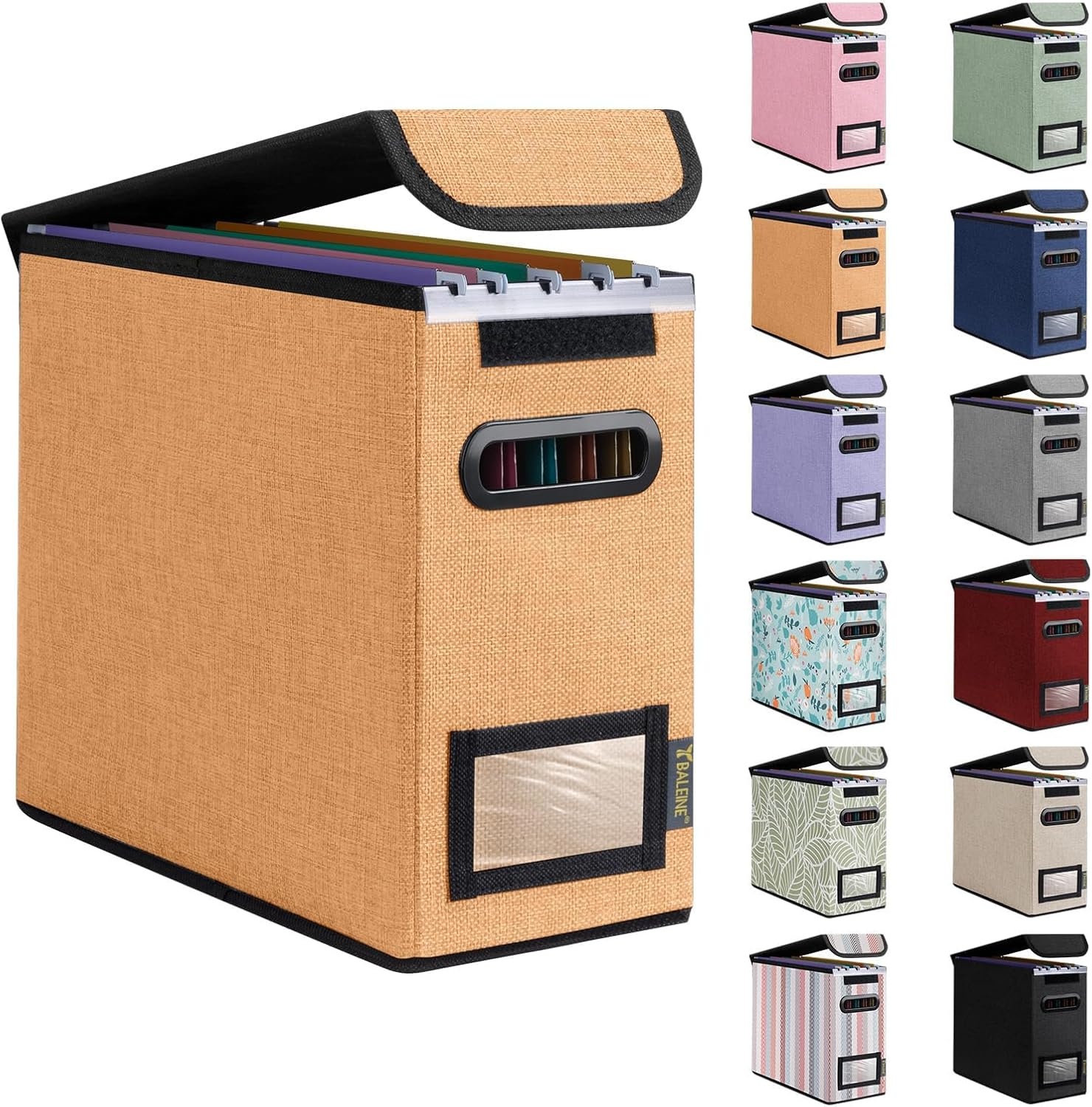 image:imageBALEINE File Organizer Box with Lid Collapsible File Folder Organizer with Plastic Slide Hanging File Folder Box for Office Document Storage Tab Friendly 2 Pack BlackOrange