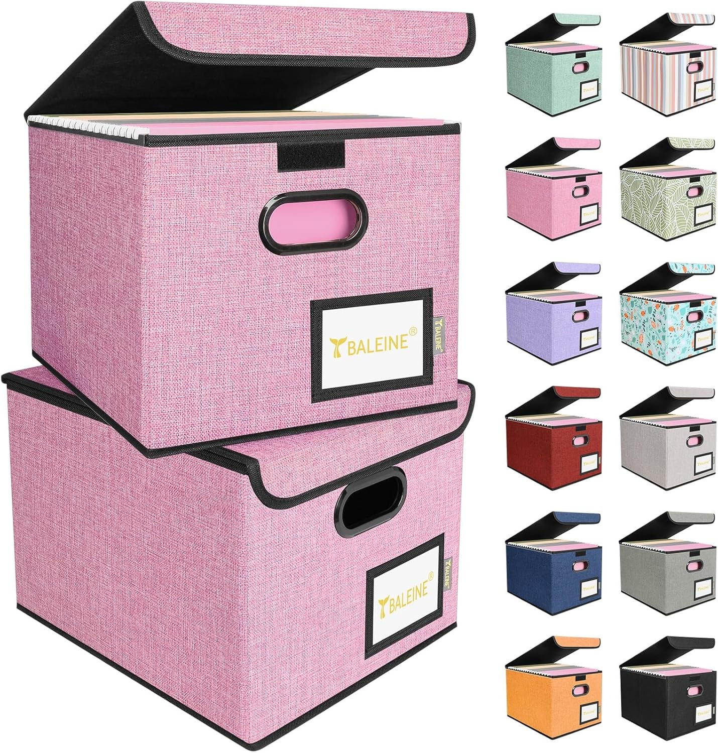 image:imageBALEINE File Organizer Box with Lid Collapsible File Folder Organizer with Plastic Slide Hanging File Folder Box for Office Document Storage Tab Friendly 2 Pack BlackPink